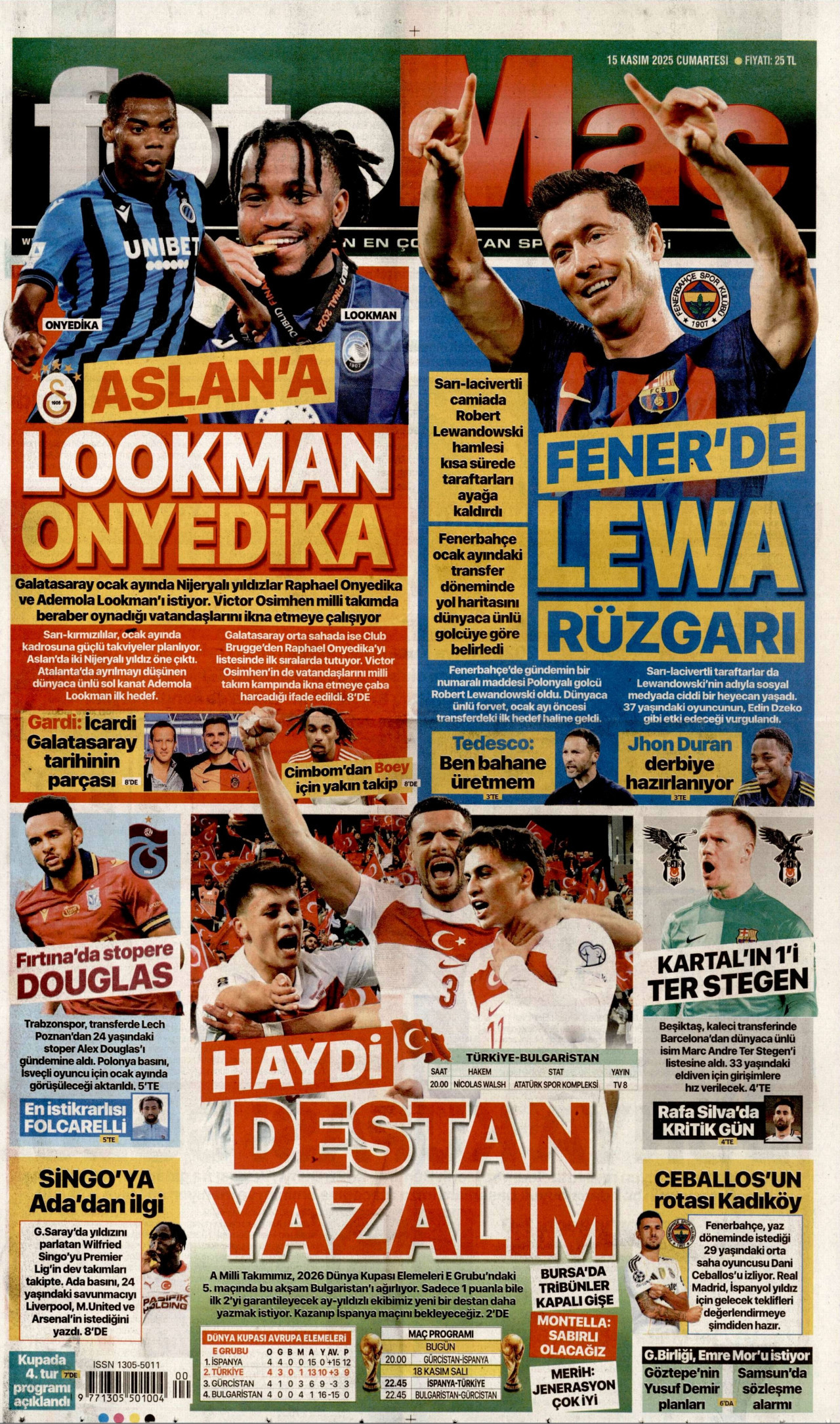 FOTOMAÇ gazetesinin 15 Kasım 2025 tarihli birinci sayfası