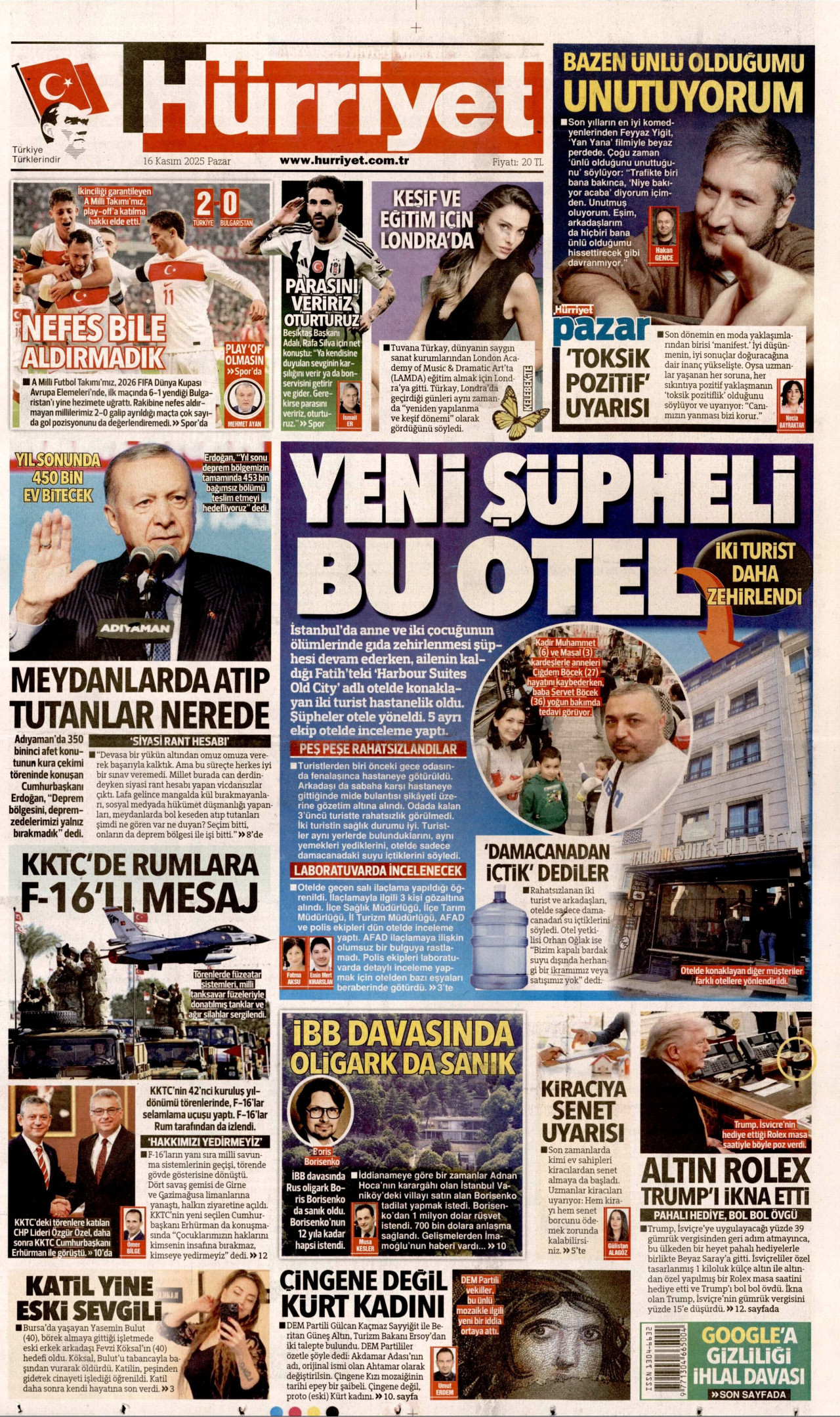 HÜRRİYET gazetesinin 16 Kasım 2025 tarihli birinci sayfası