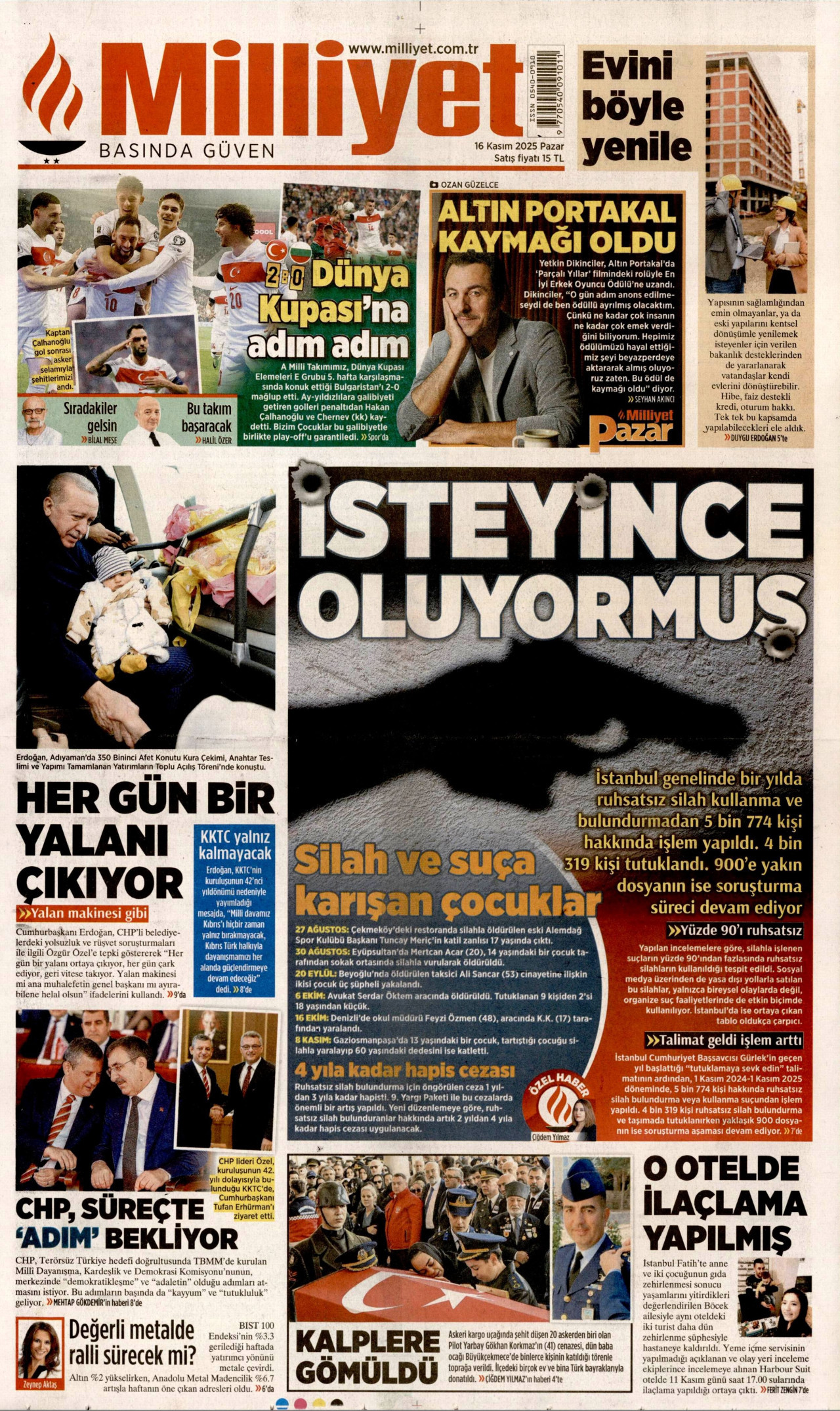 MİLLİYET gazetesinin 16 Kasım 2025 tarihli birinci sayfası