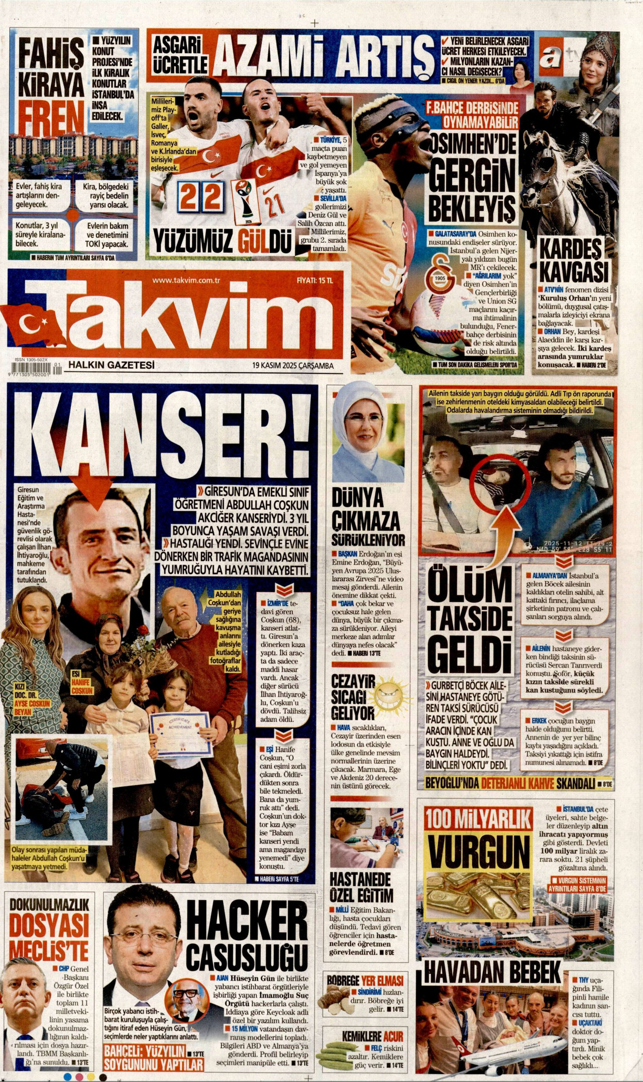 TAKVİM gazetesinin 19 Kasım 2025 tarihli birinci sayfası