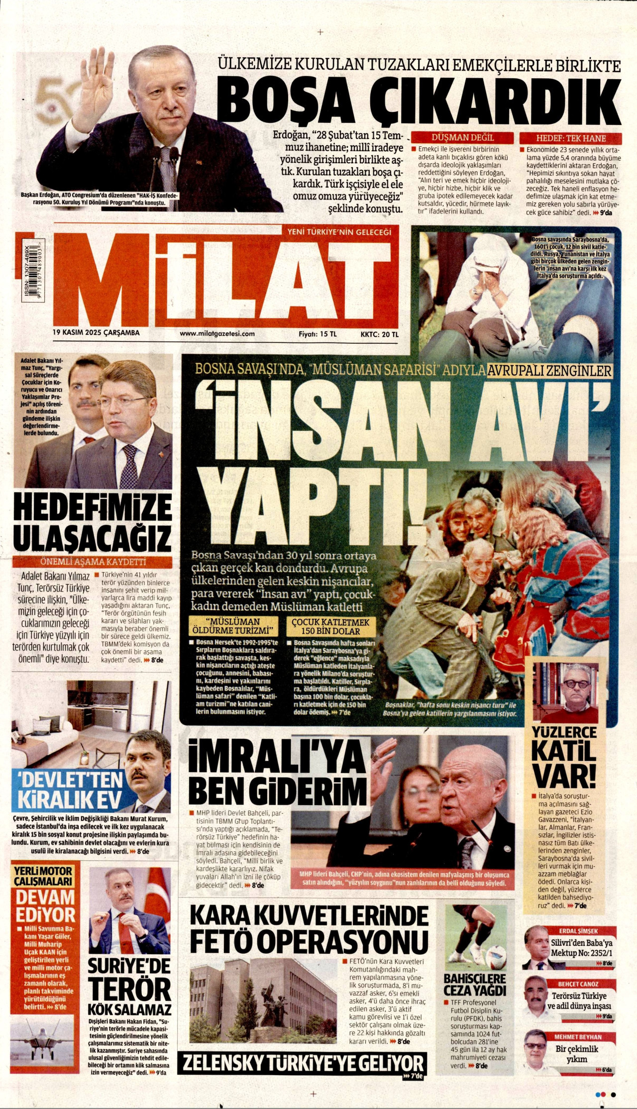 MİLAT gazetesinin 19 Kasım 2025 tarihli birinci sayfası