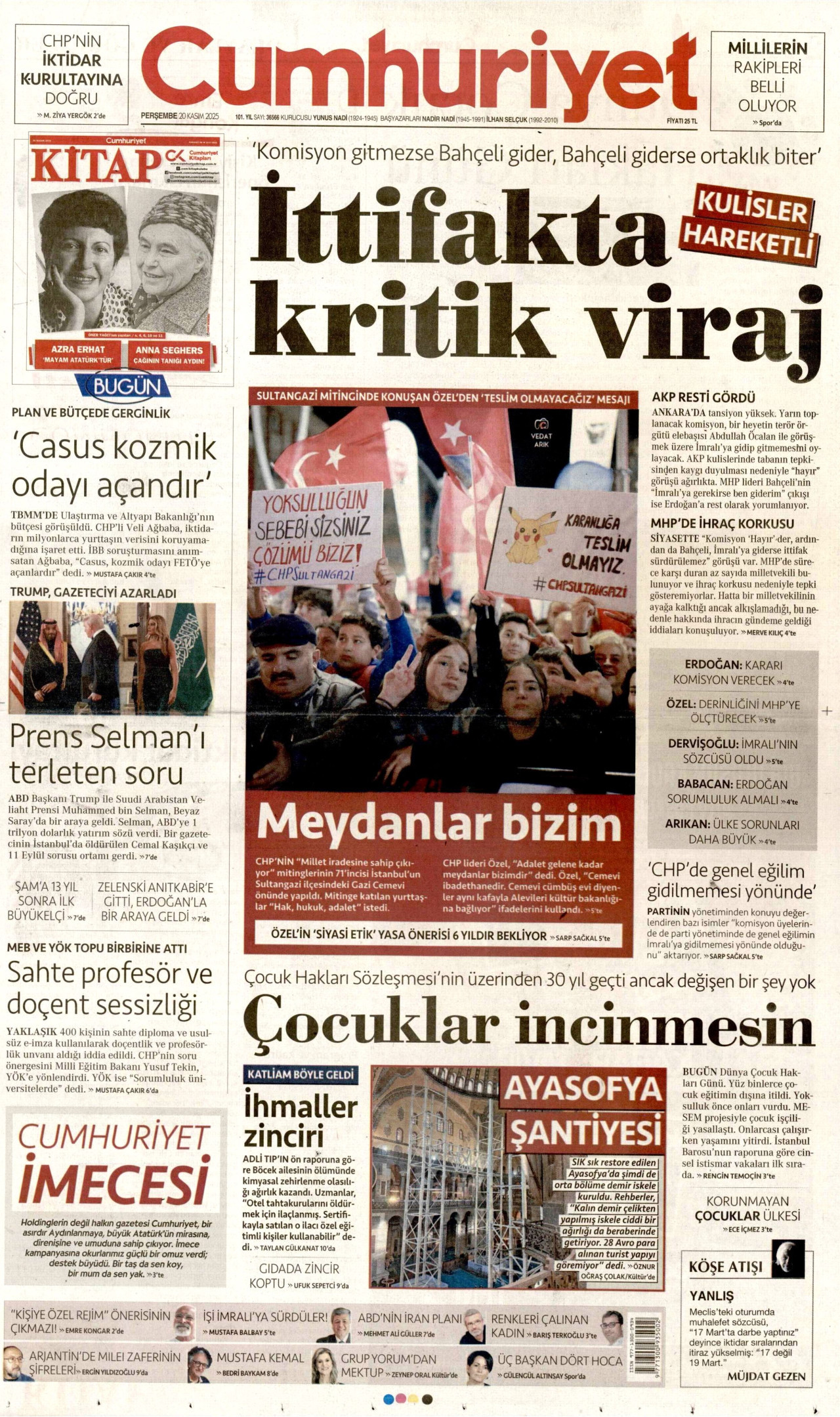 CUMHURİYET gazetesinin 20 Kasım 2025 tarihli birinci sayfası