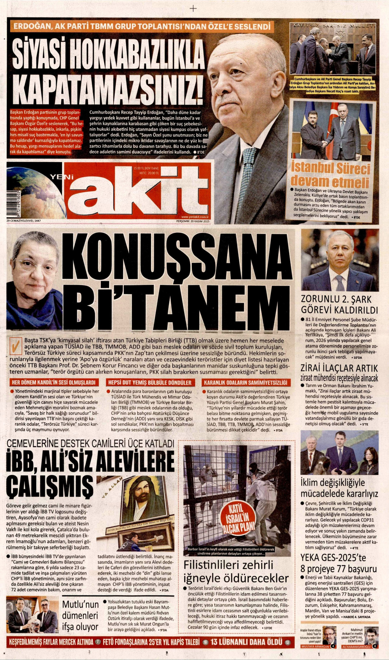 YENİ AKİT gazetesinin 20 Kasım 2025 tarihli birinci sayfası