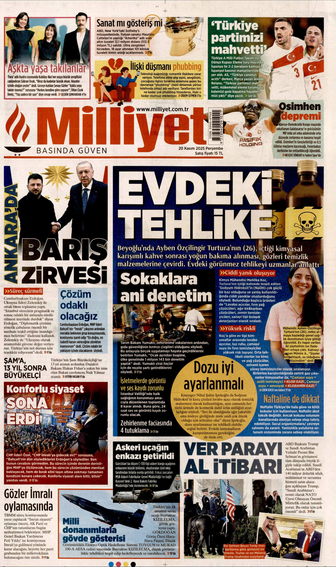MİLLİYET gazetesinin 20 Kasım 2025 tarihli birinci sayfası