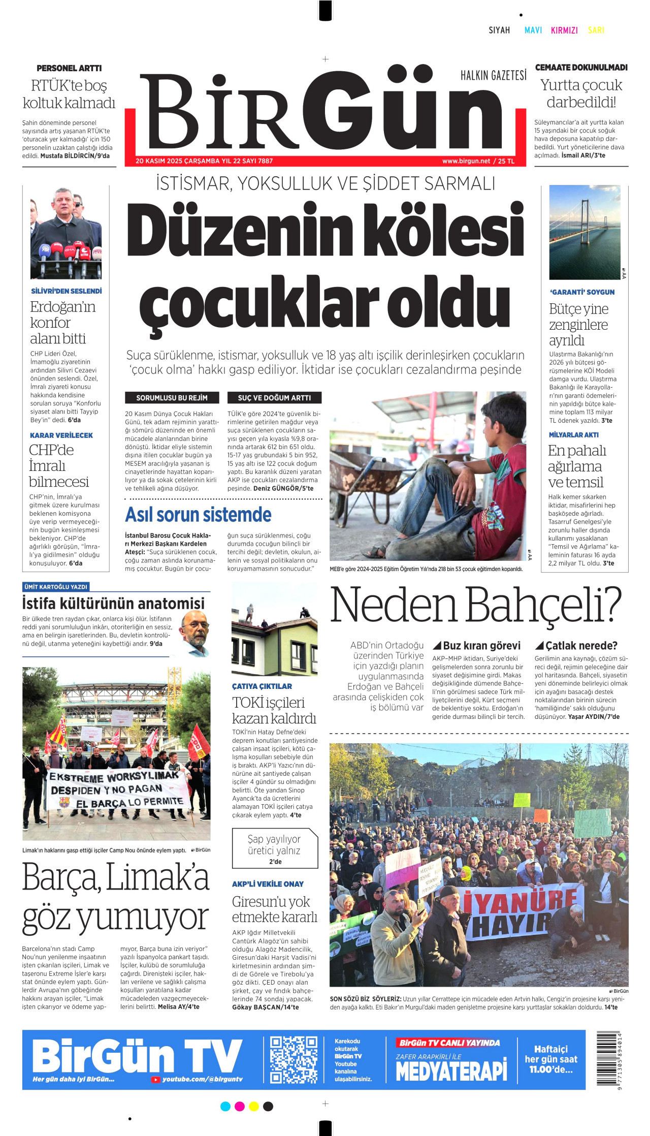 BİRGÜN gazetesinin 20 Kasım 2025 tarihli birinci sayfası