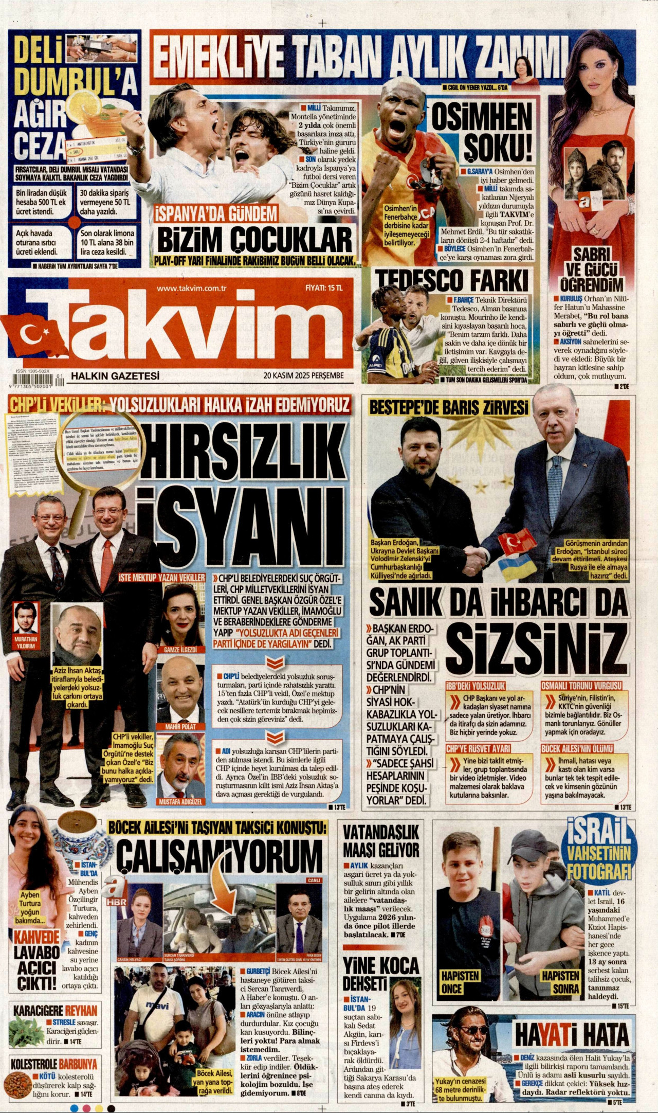 TAKVİM gazetesinin 20 Kasım 2025 tarihli birinci sayfası