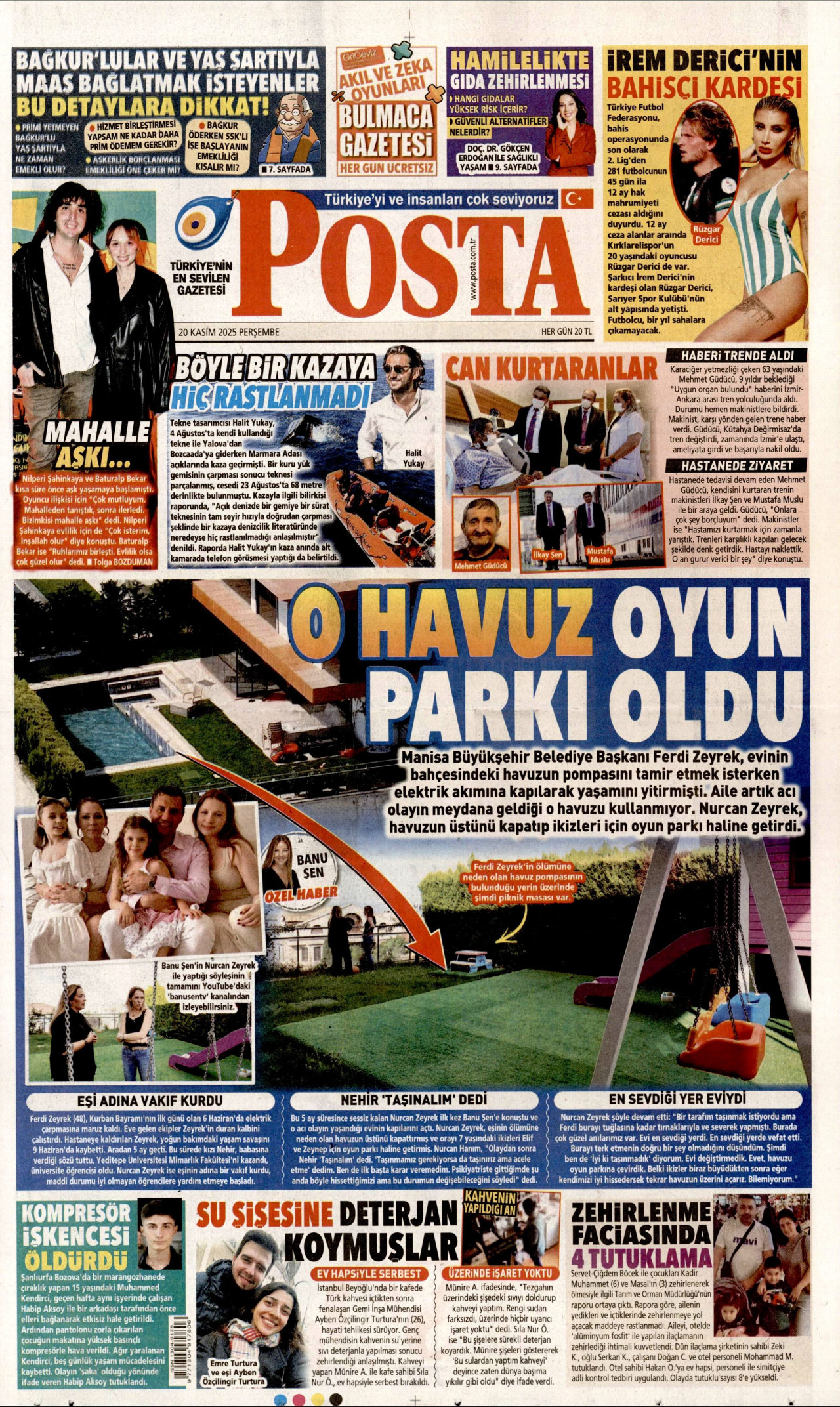POSTA gazetesinin 20 Kasım 2025 tarihli birinci sayfası