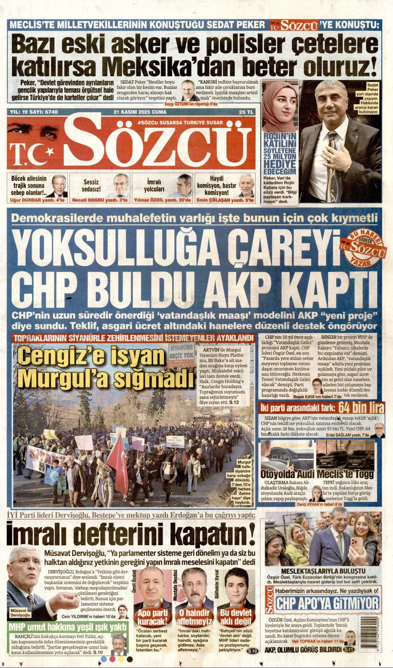 SÖZCÜ gazetesinin 21 Kasım 2025 tarihli birinci sayfası