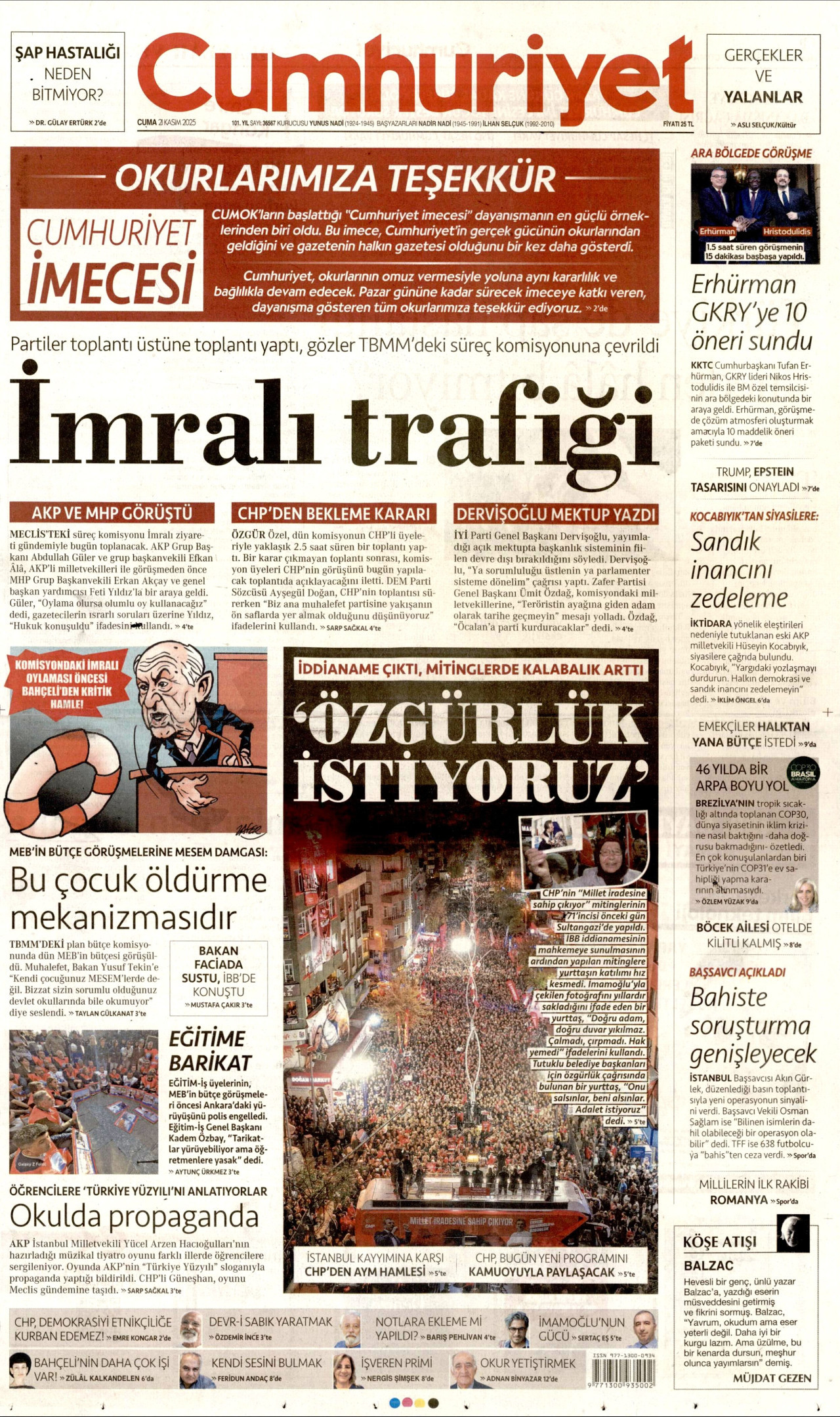 CUMHURİYET gazetesinin 21 Kasım 2025 tarihli birinci sayfası