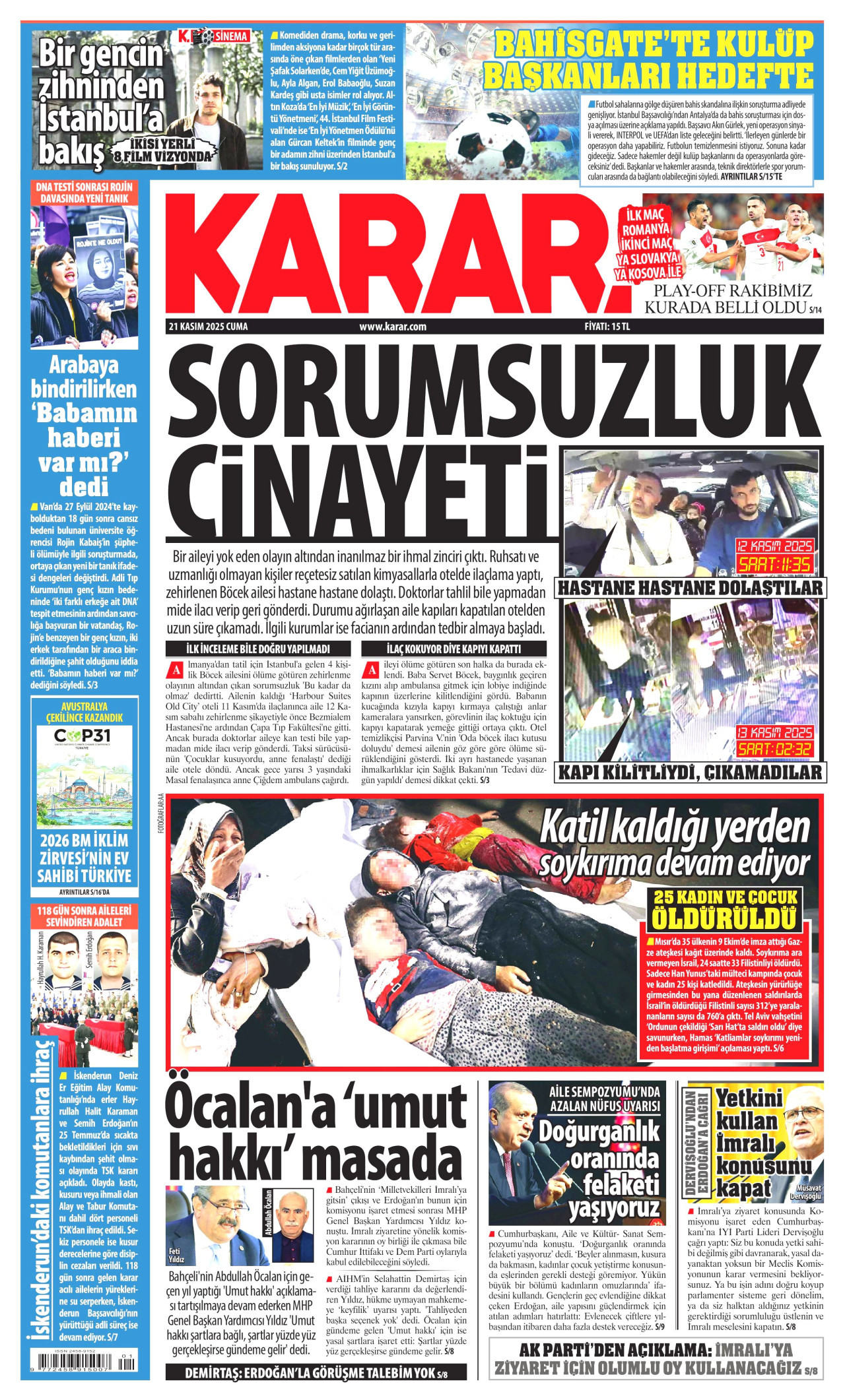 KARAR gazetesinin 21 Kasım 2025 tarihli birinci sayfası