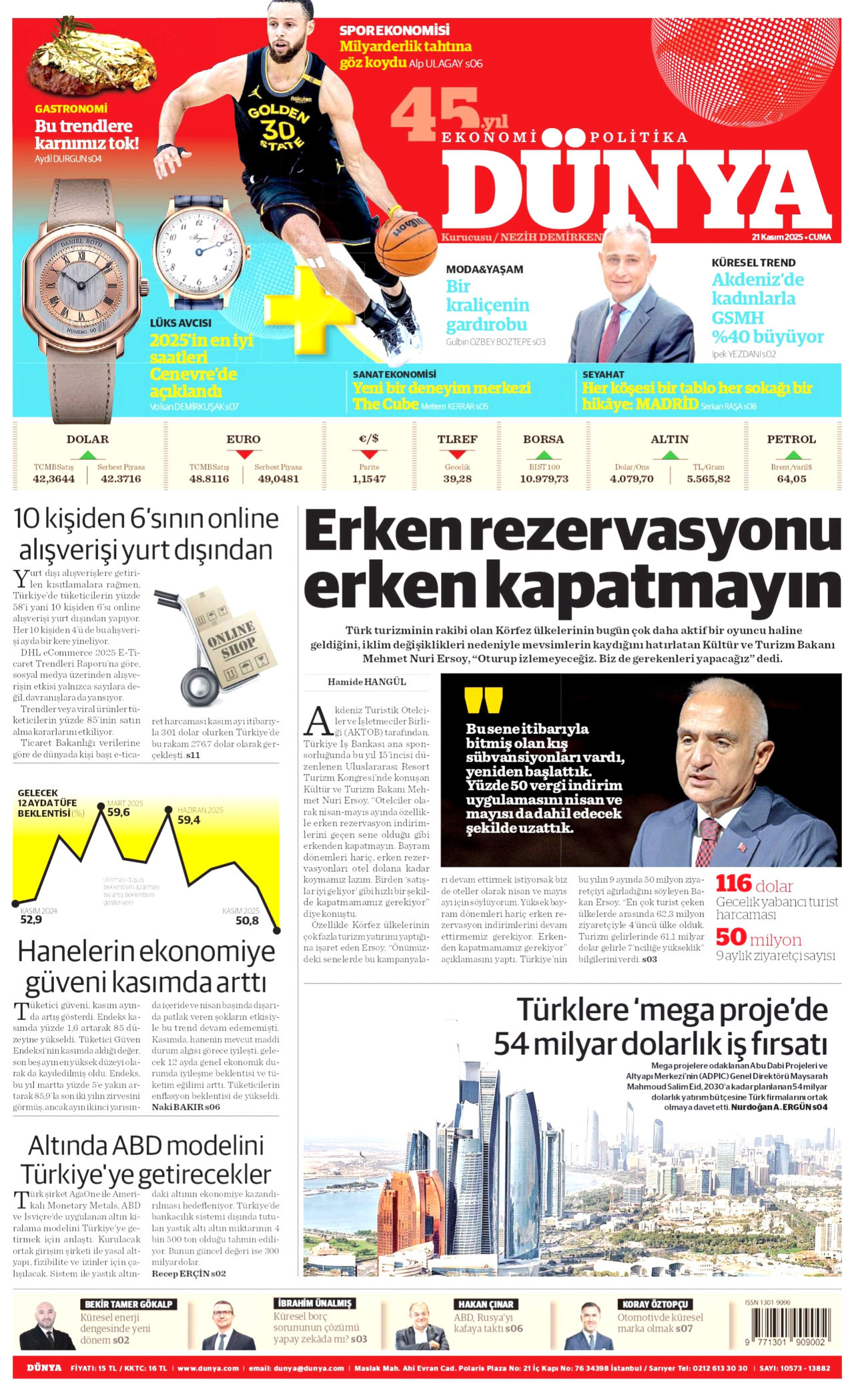 DÜNYA gazetesinin 21 Kasım 2025 tarihli birinci sayfası
