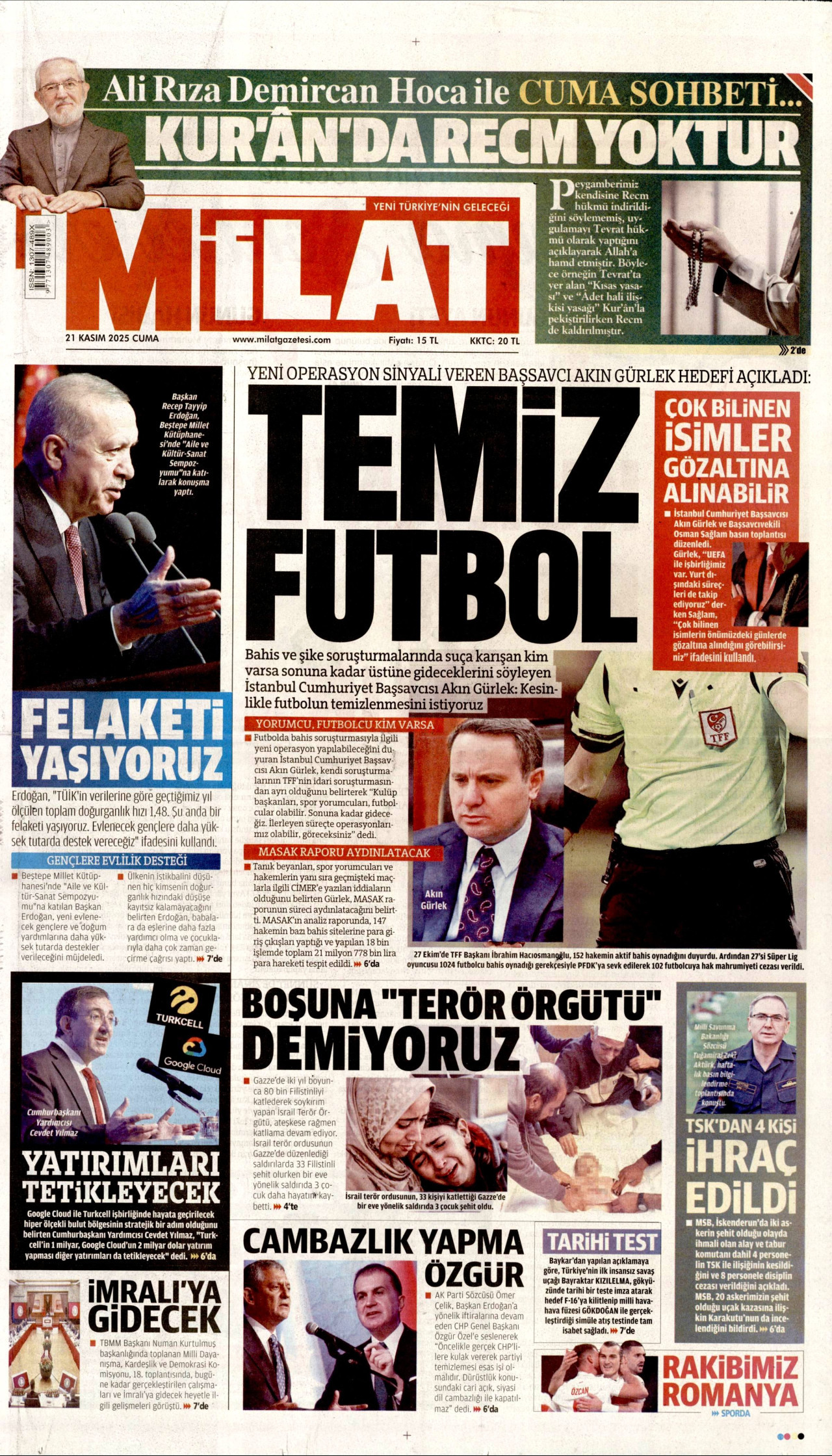 MİLAT gazetesinin 21 Kasım 2025 tarihli birinci sayfası
