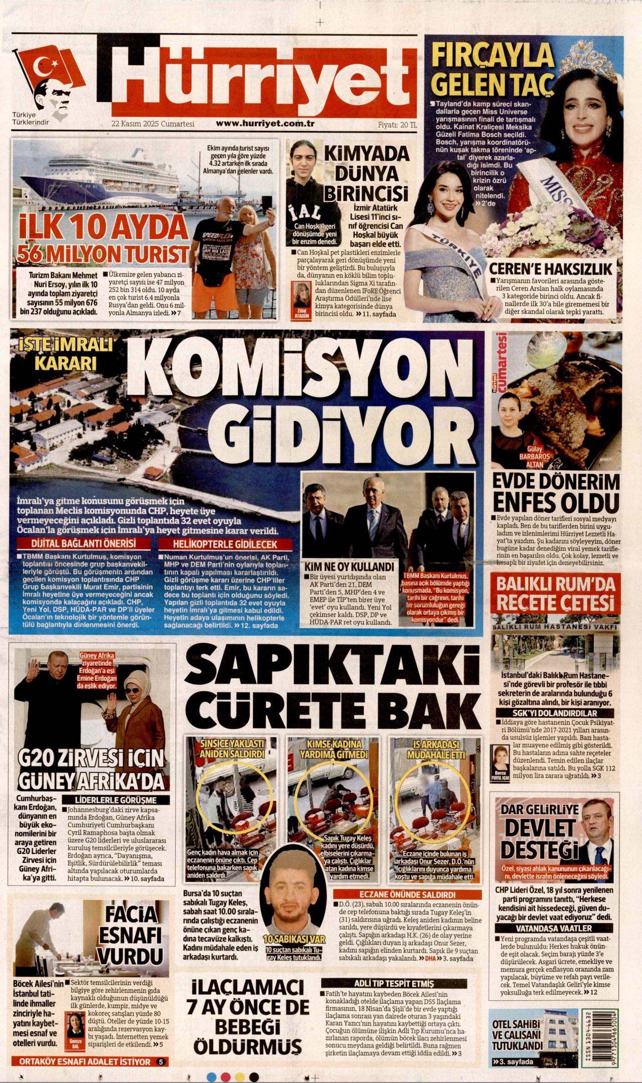 HÜRRİYET gazetesinin 22 Kasım 2025 tarihli birinci sayfası