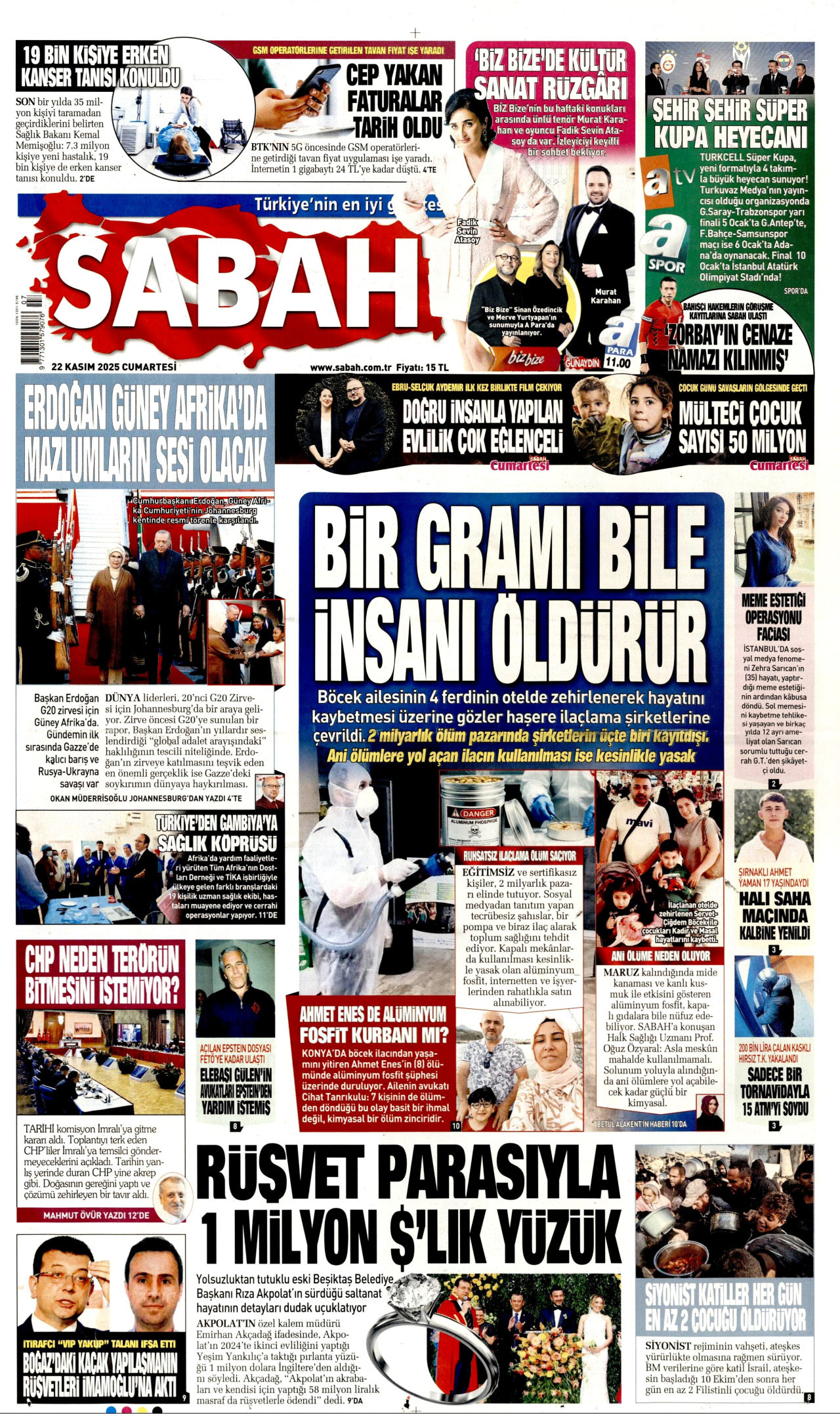 SABAH gazetesinin 22 Kasım 2025 tarihli birinci sayfası