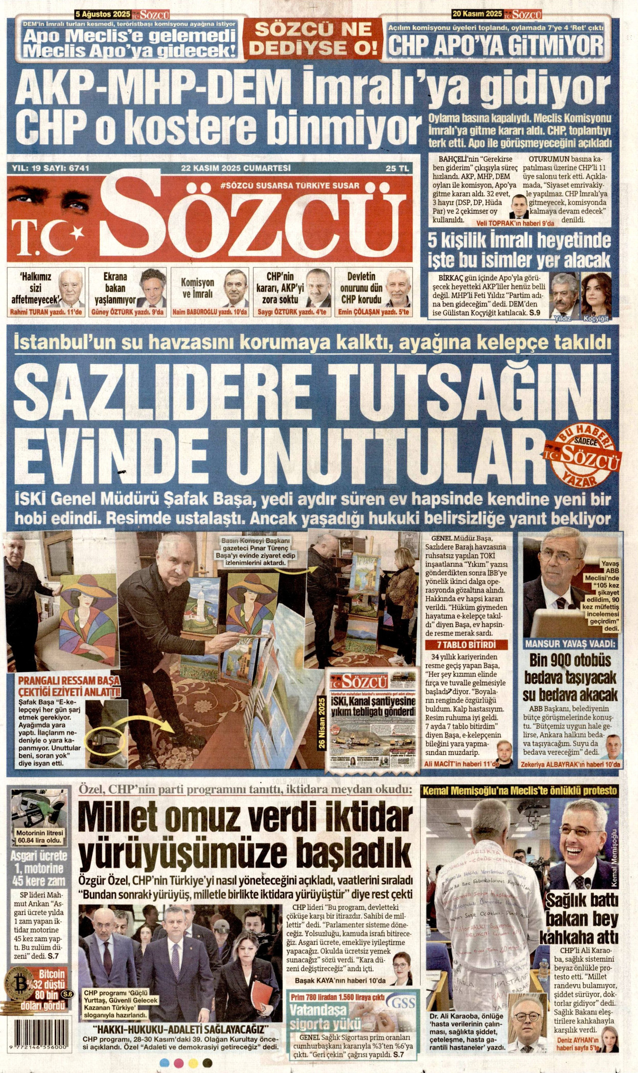 SÖZCÜ gazetesinin 22 Kasım 2025 tarihli birinci sayfası