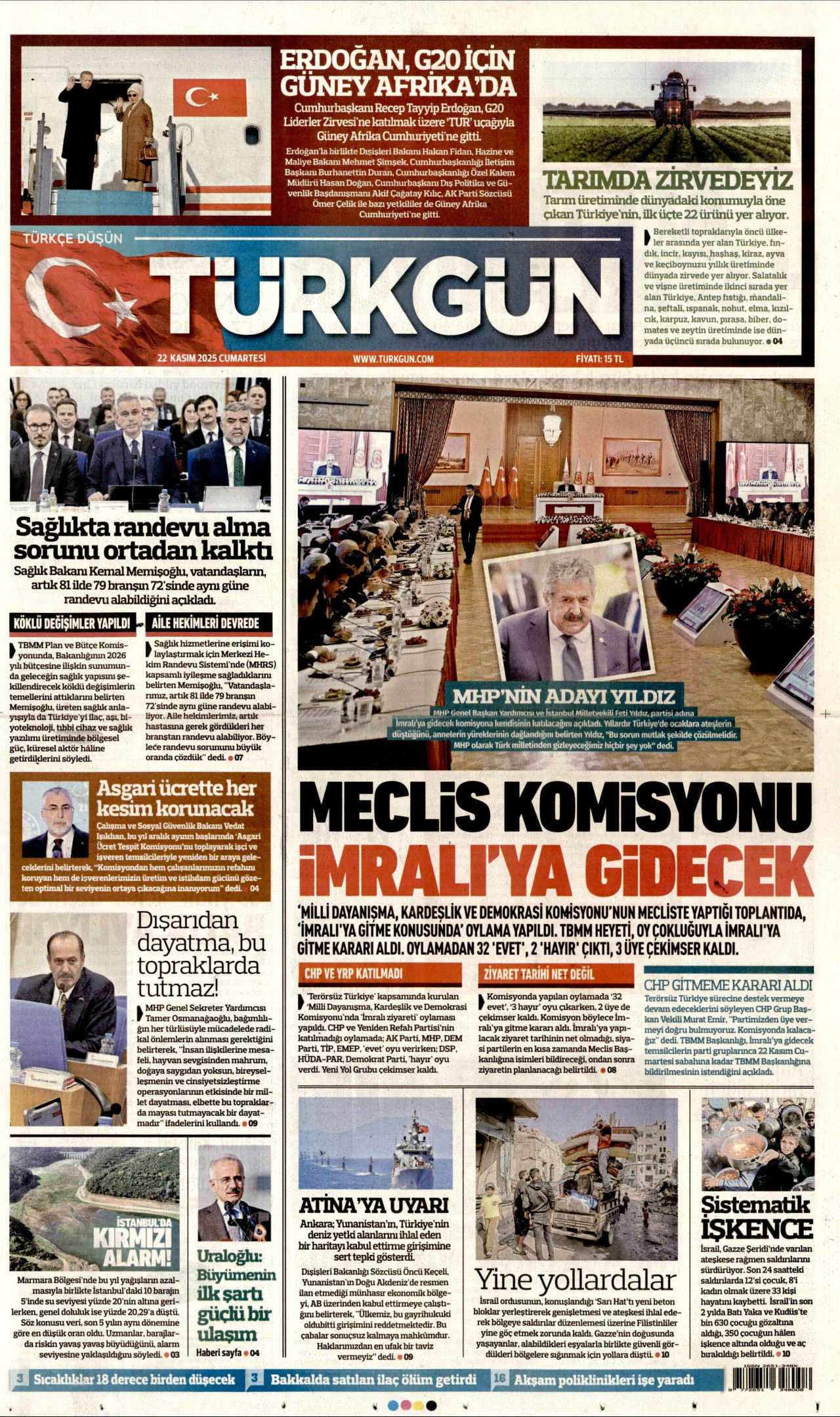 TÜRKGÜN gazetesinin 22 Kasım 2025 tarihli birinci sayfası