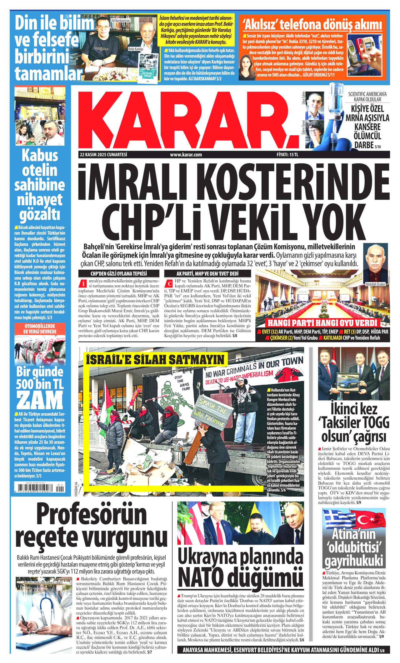 KARAR gazetesinin 22 Kasım 2025 tarihli birinci sayfası