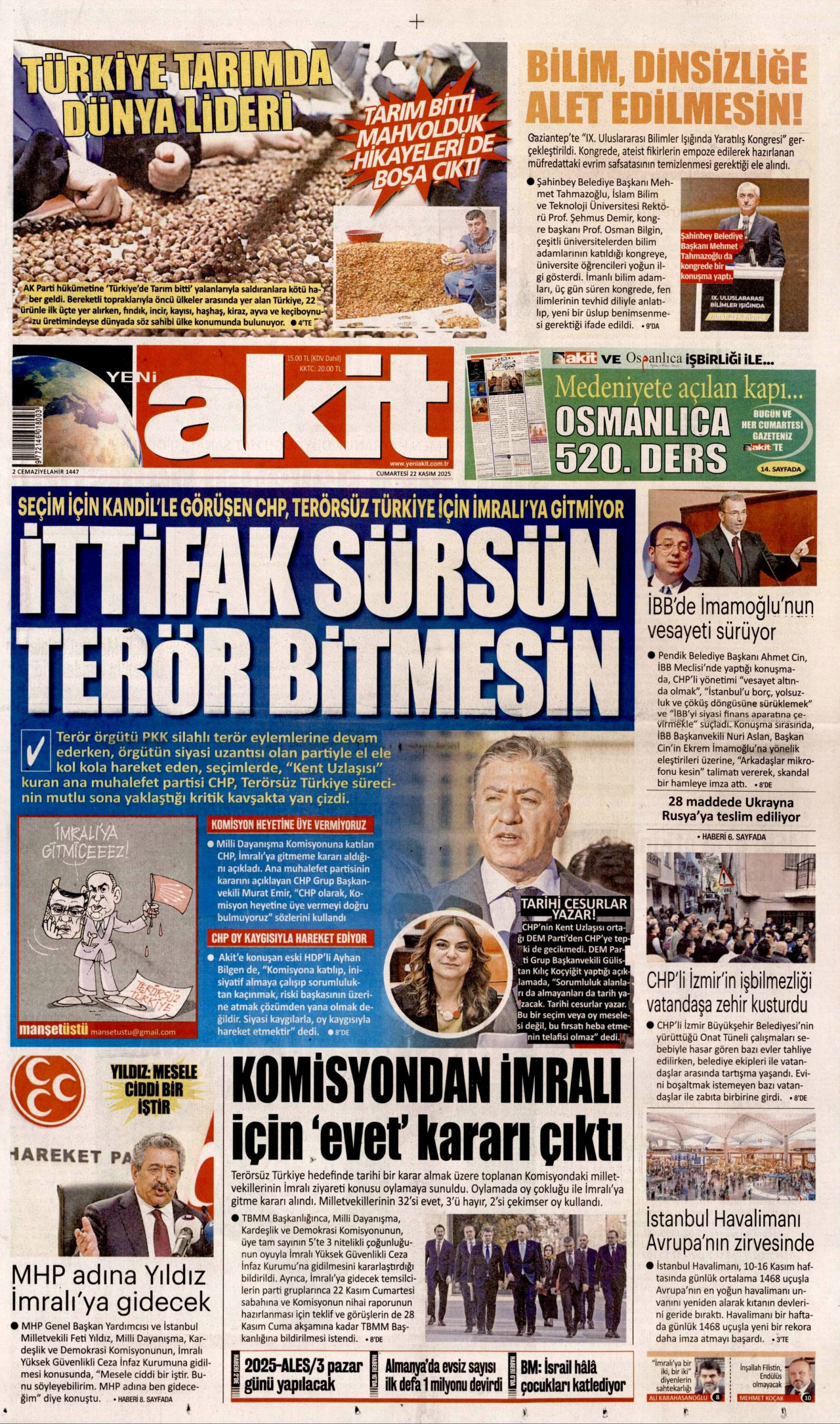 YENİ AKİT gazetesinin 22 Kasım 2025 tarihli birinci sayfası