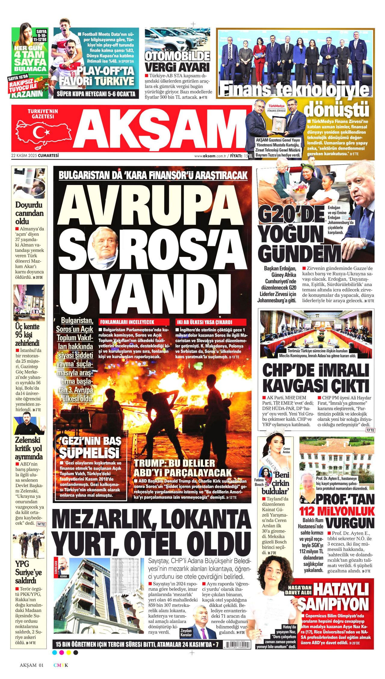 AKŞAM gazetesinin 22 Kasım 2025 tarihli birinci sayfası