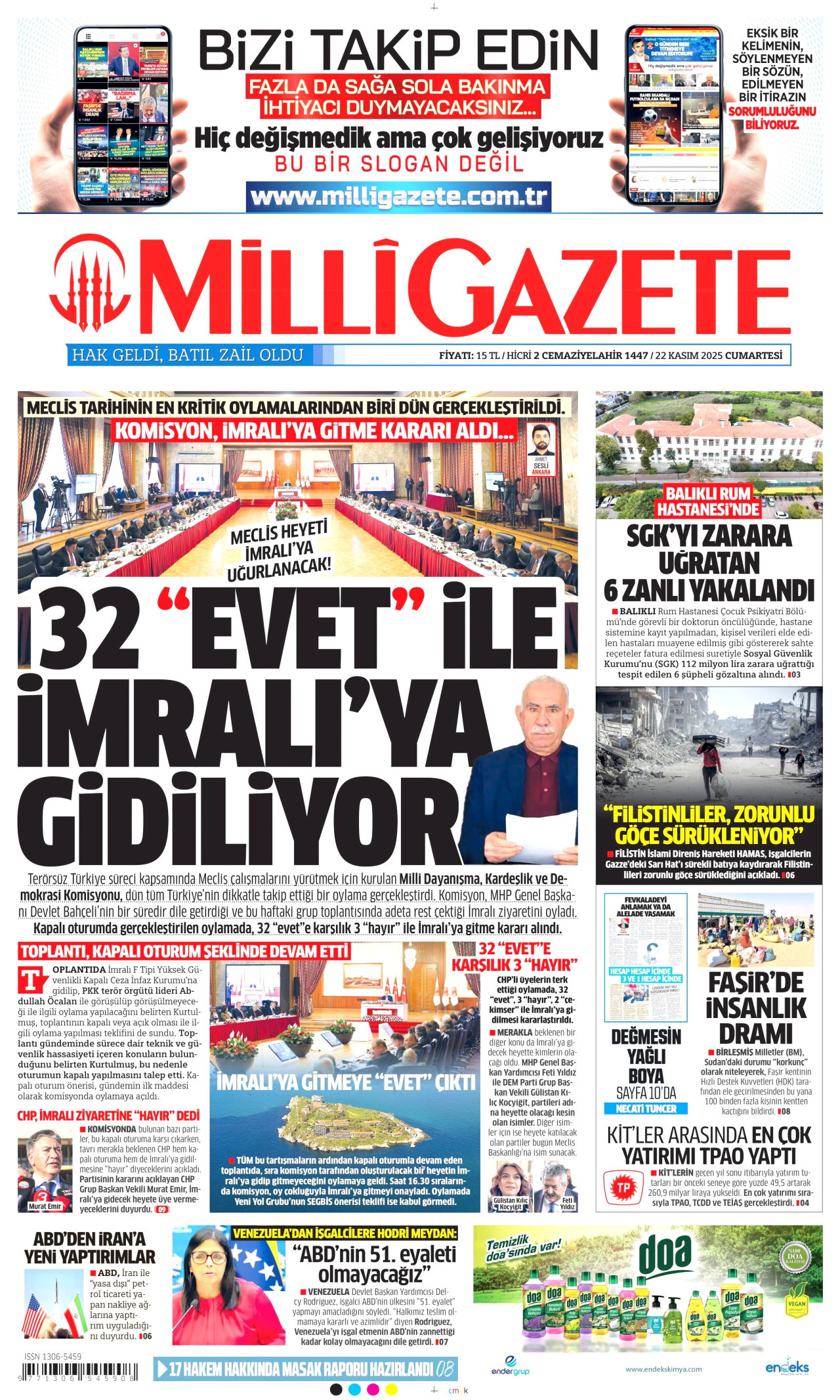 MİLLİ GAZETE gazetesinin 22 Kasım 2025 tarihli birinci sayfası