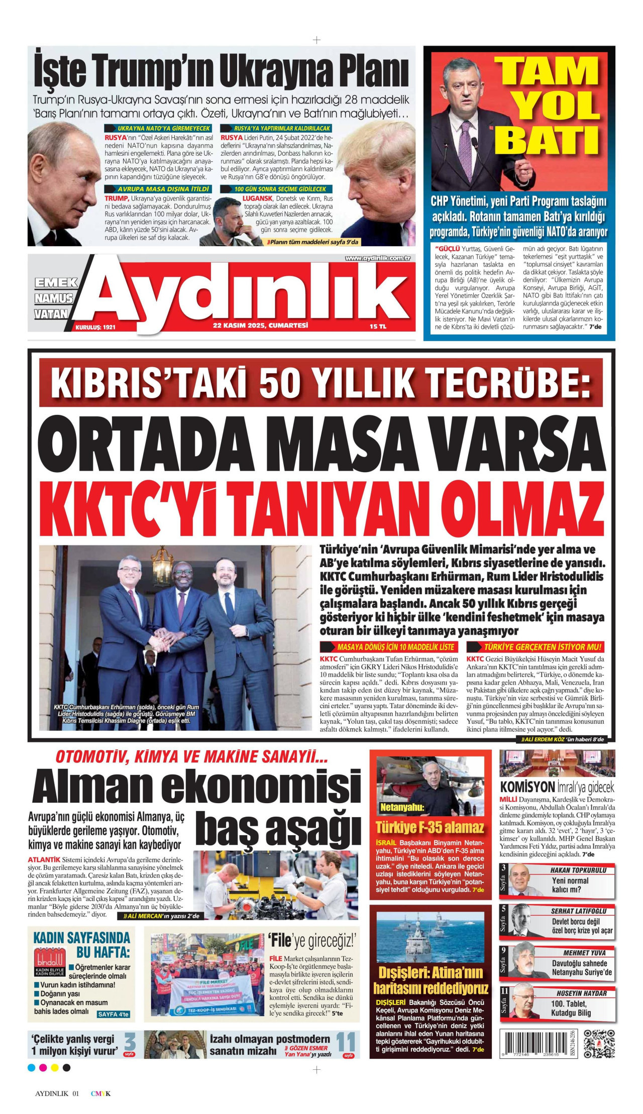AYDINLIK GAZETESİ gazetesinin 22 Kasım 2025 tarihli birinci sayfası