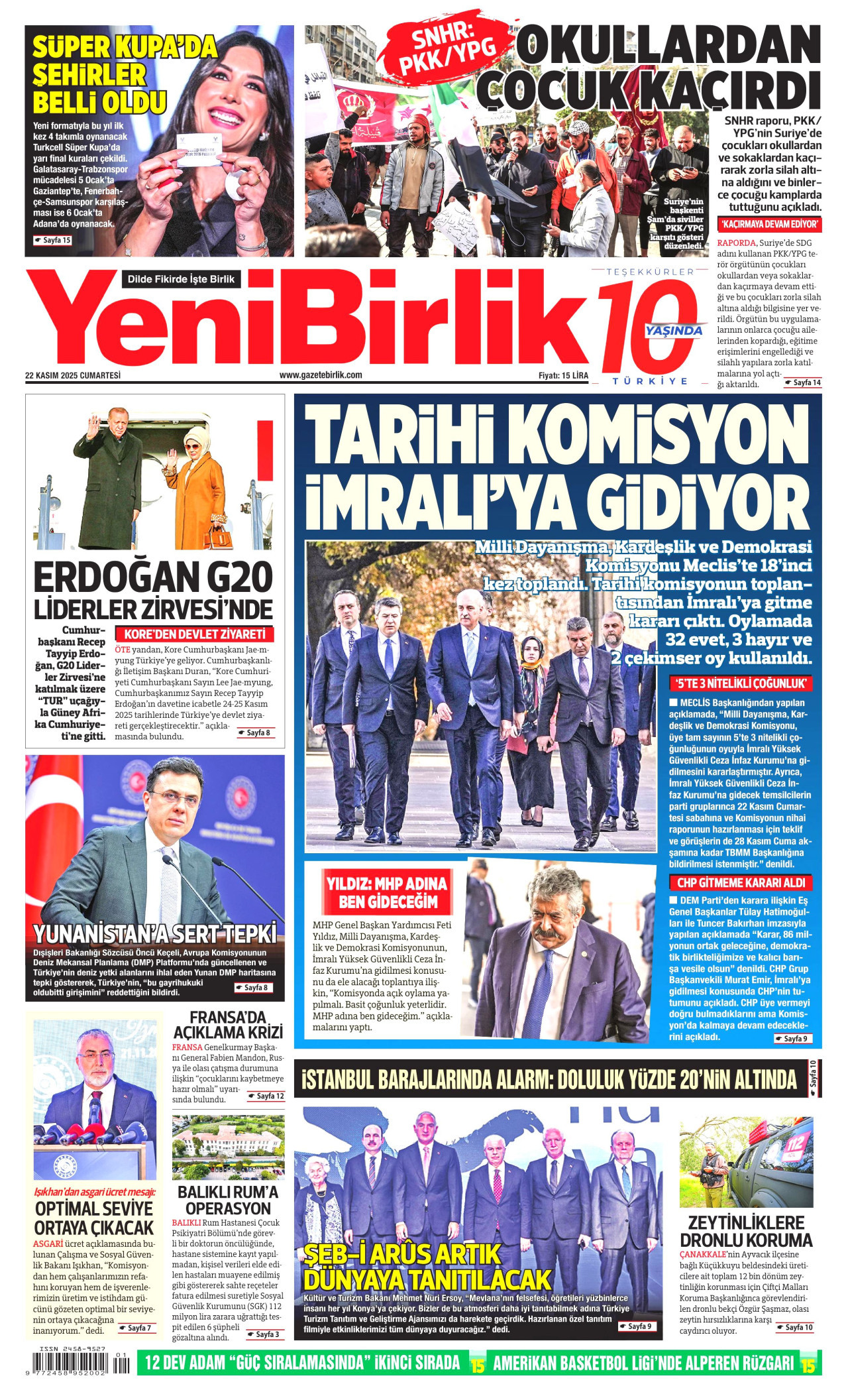 YENİBİRLİK gazetesinin 22 Kasım 2025 tarihli birinci sayfası