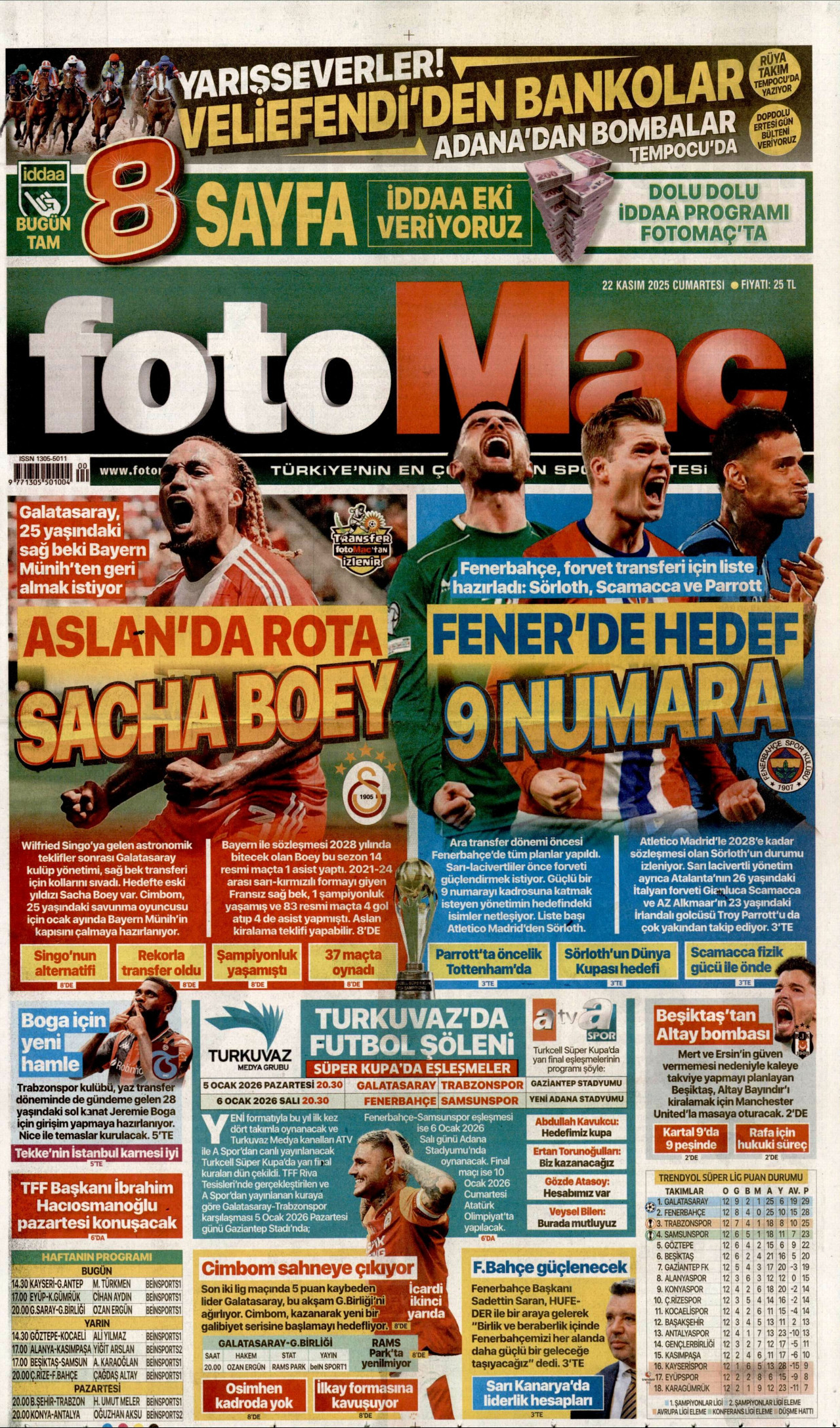FOTOMAÇ gazetesinin 22 Kasım 2025 tarihli birinci sayfası