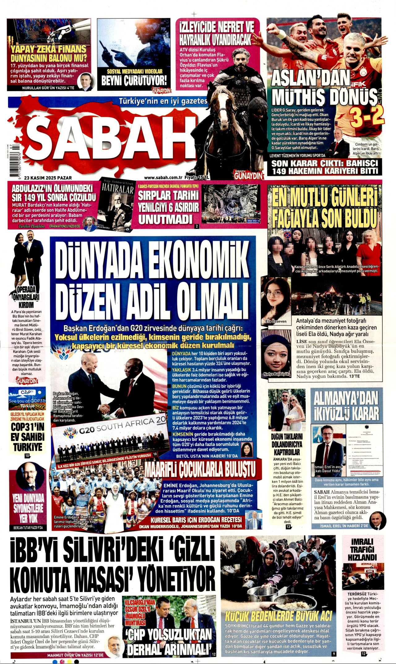 SABAH gazetesinin 23 Kasım 2025 tarihli birinci sayfası