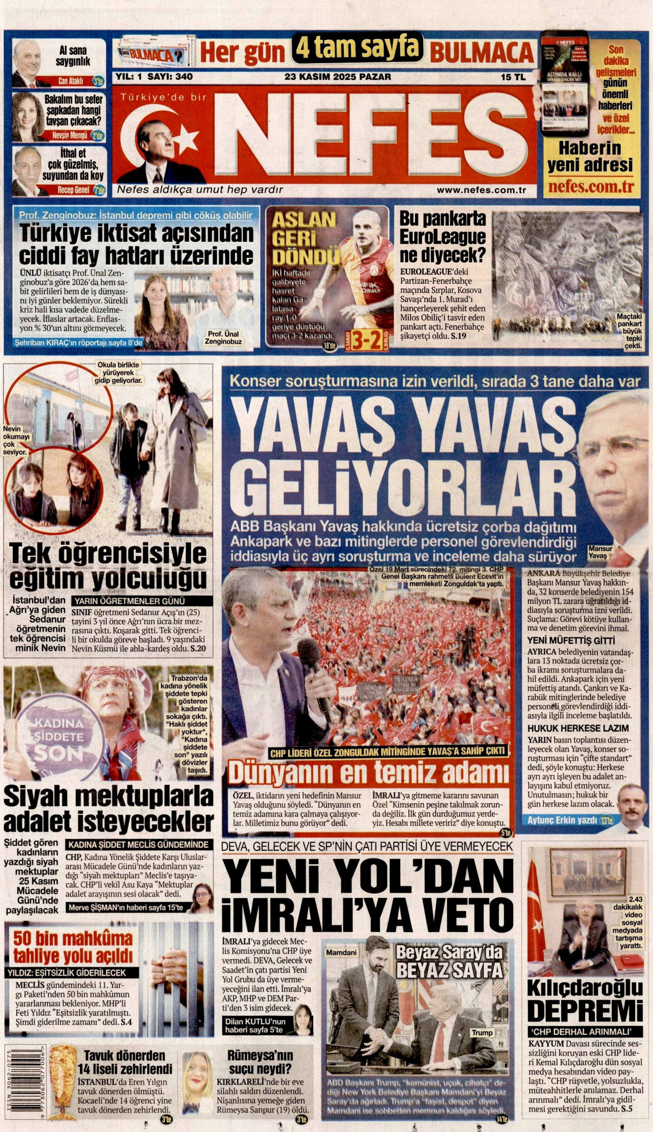 NEFES gazetesinin 23 Kasım 2025 tarihli birinci sayfası