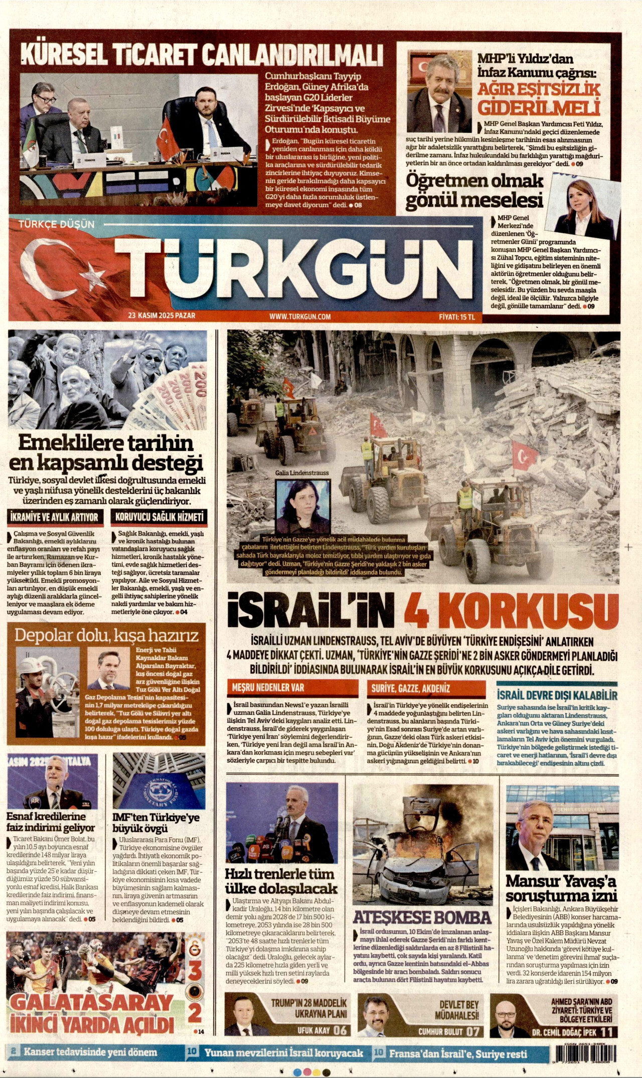 TÜRKGÜN gazetesinin 23 Kasım 2025 tarihli birinci sayfası