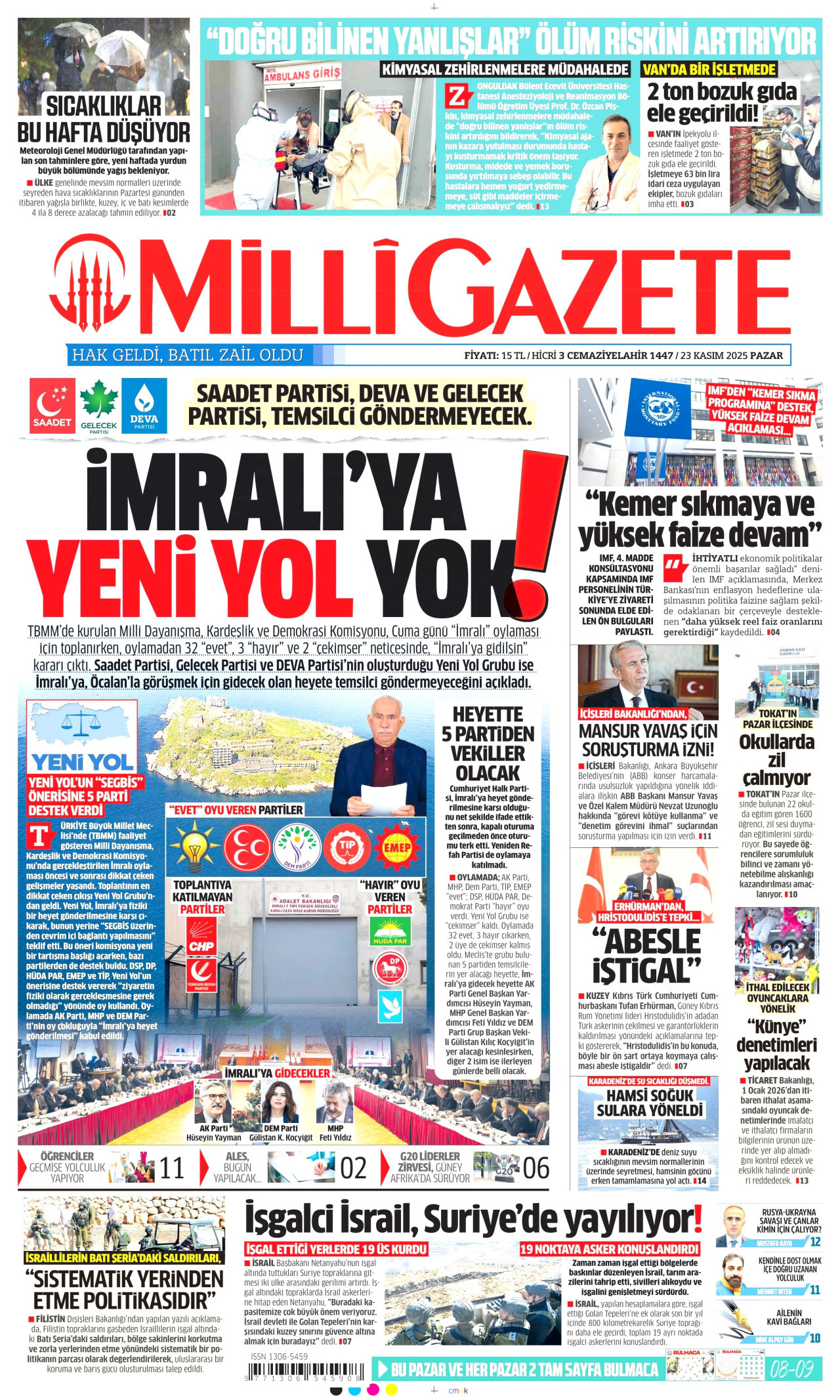 MİLLİ GAZETE gazetesinin 23 Kasım 2025 tarihli birinci sayfası
