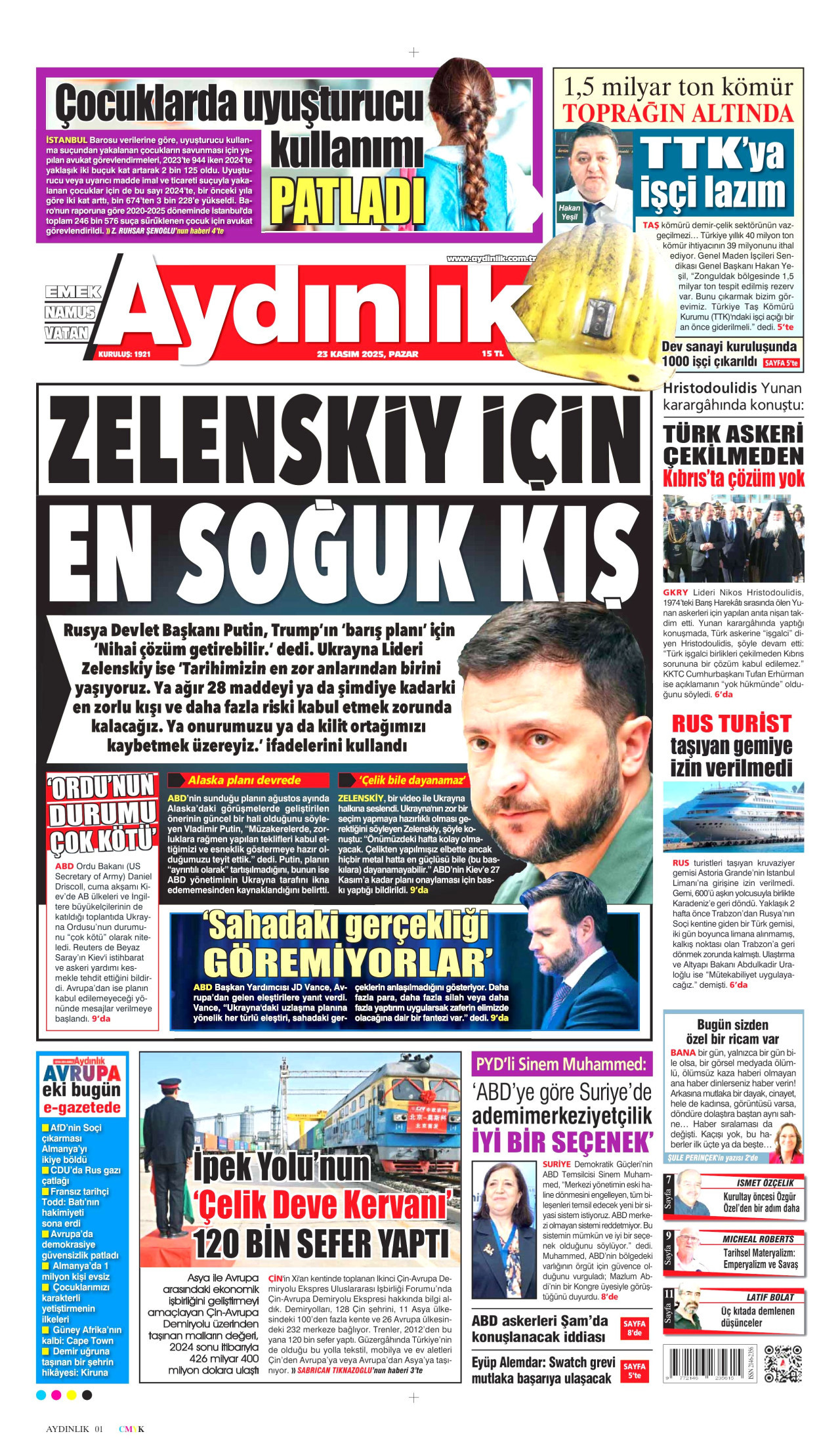 AYDINLIK GAZETESİ gazetesinin 23 Kasım 2025 tarihli birinci sayfası
