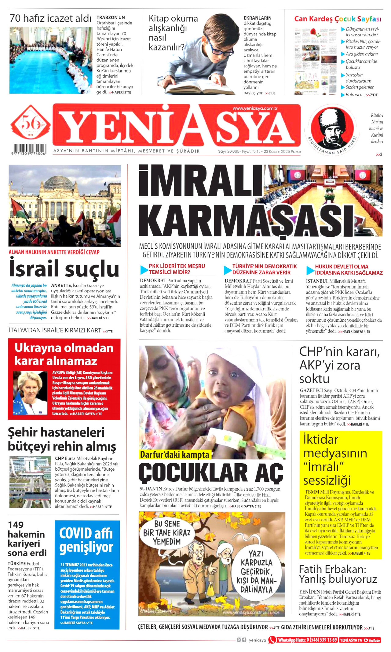 YENİ ASYA gazetesinin 23 Kasım 2025 tarihli birinci sayfası