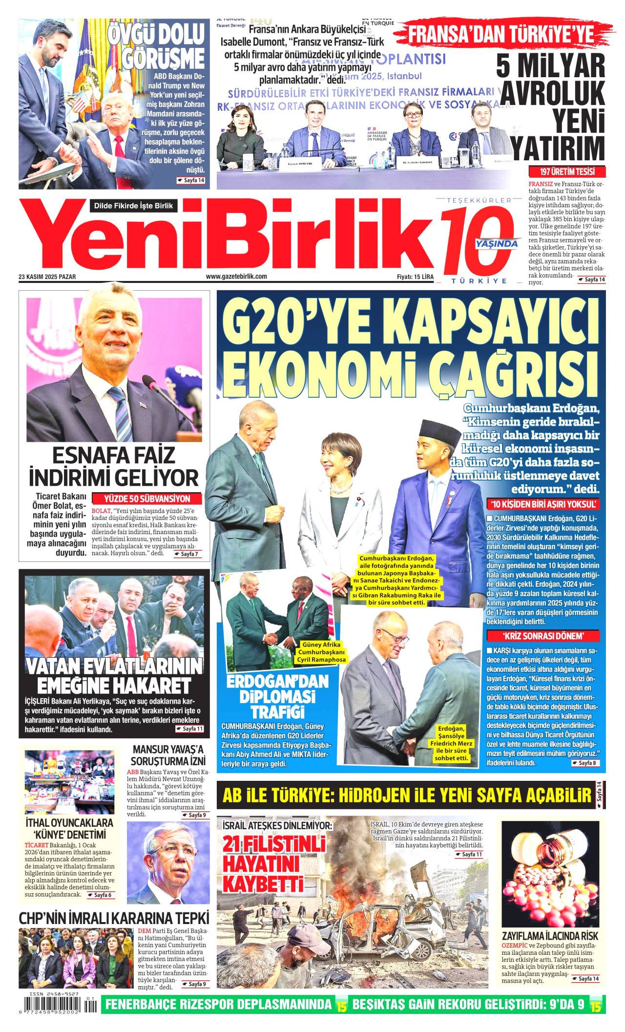 YENİBİRLİK gazetesinin 23 Kasım 2025 tarihli birinci sayfası