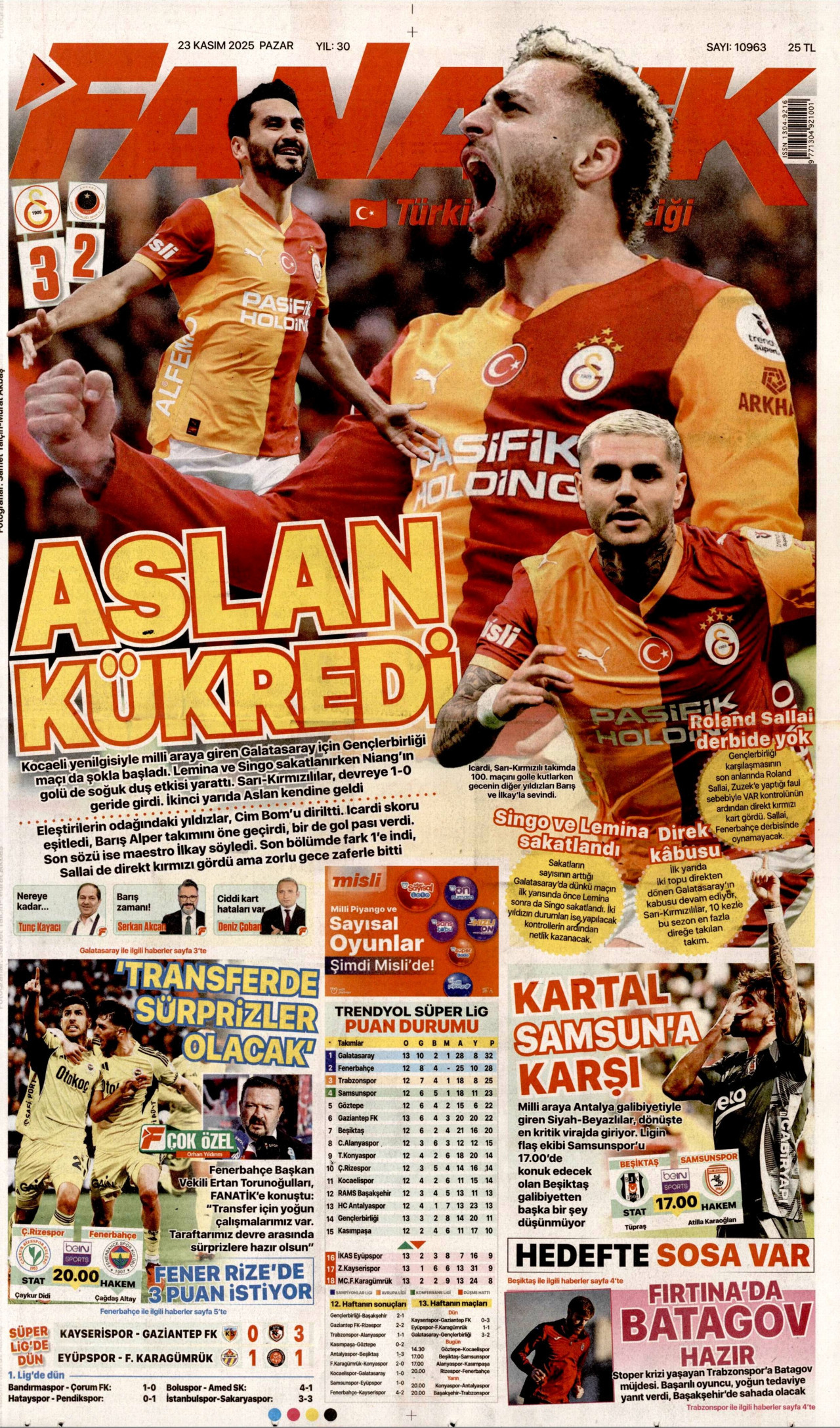 FANATİK gazetesinin 23 Kasım 2025 tarihli birinci sayfası