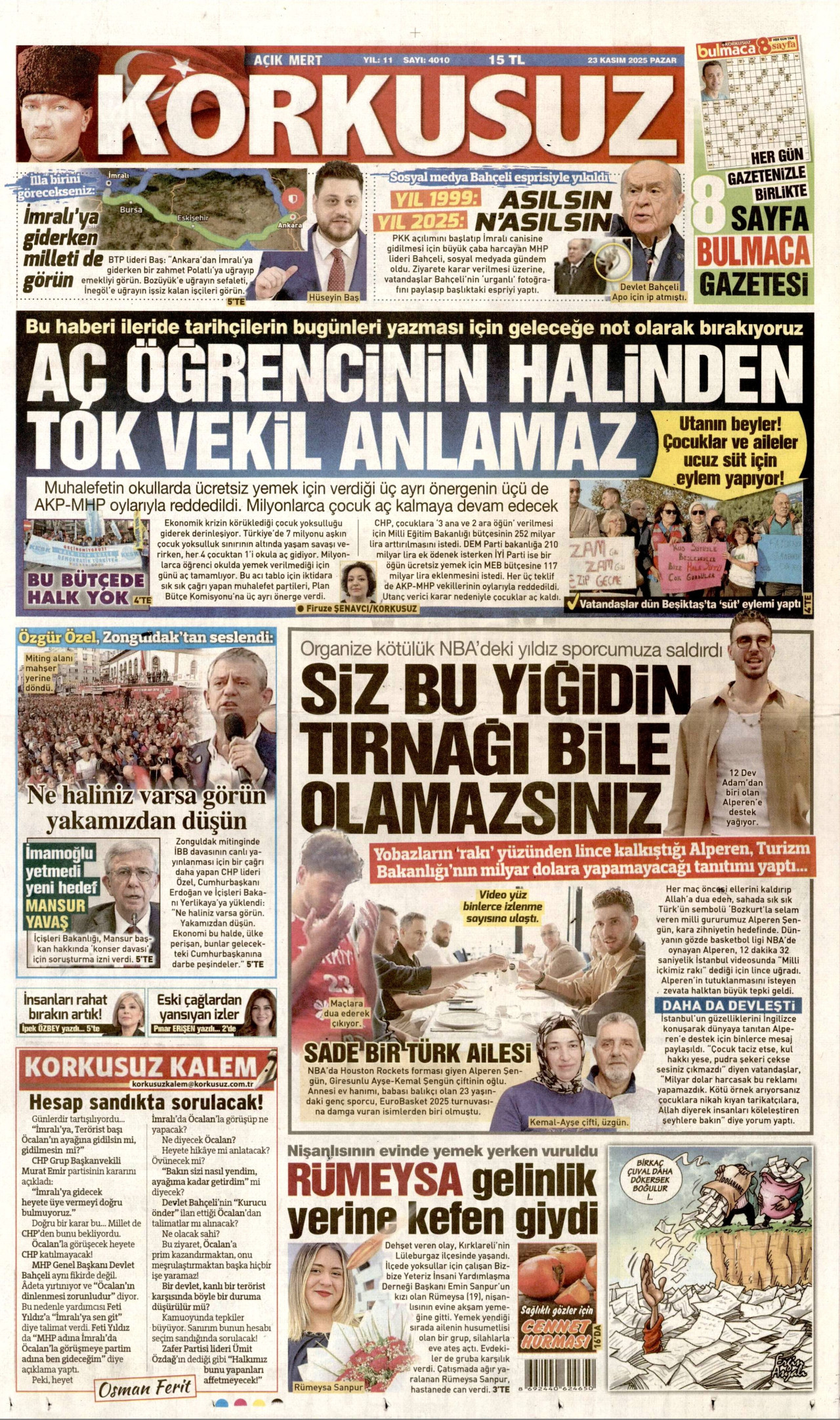 KORKUSUZ gazetesinin 23 Kasım 2025 tarihli birinci sayfası