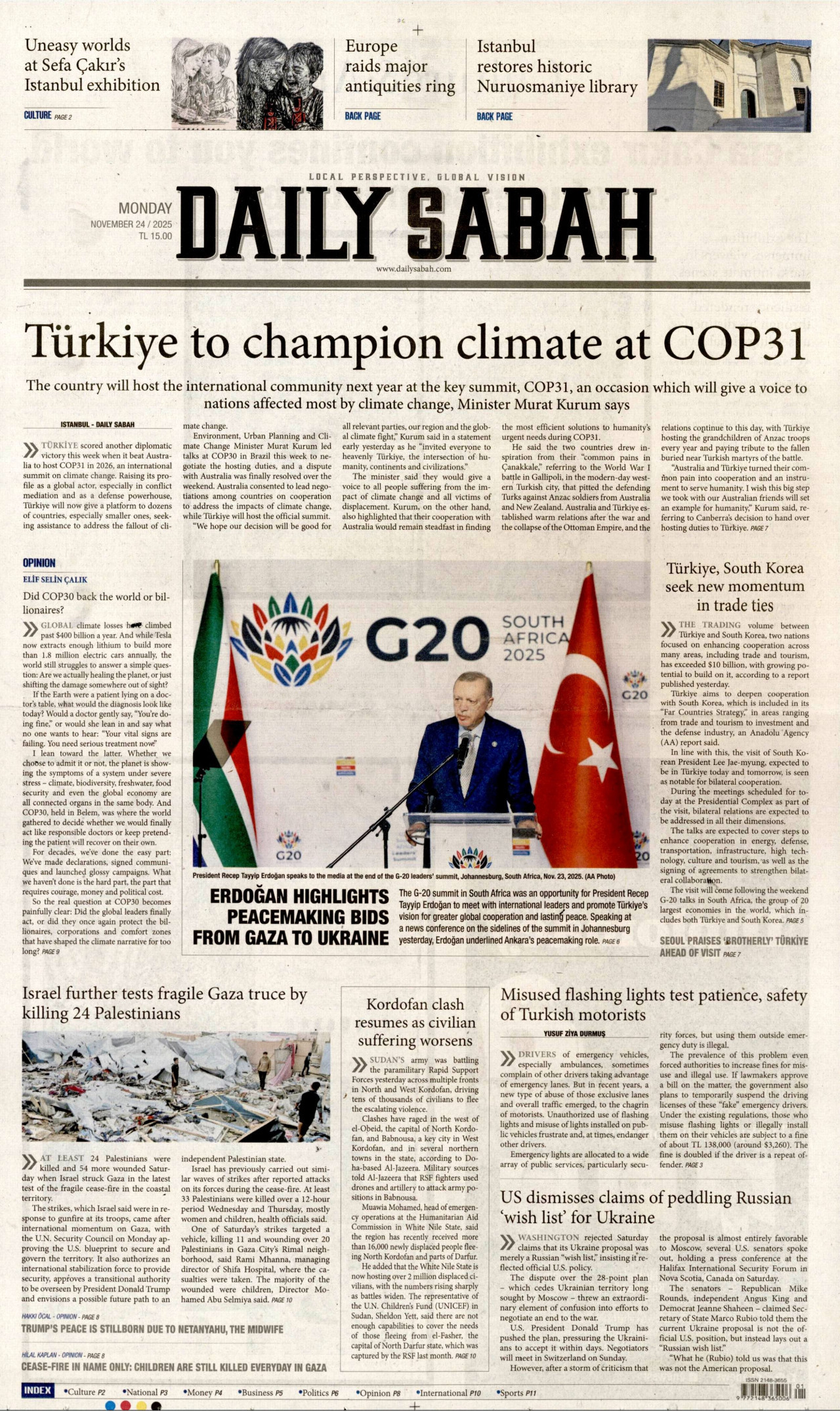 DAİLY SABAH gazetesinin 24 Kasım 2025 tarihli birinci sayfası