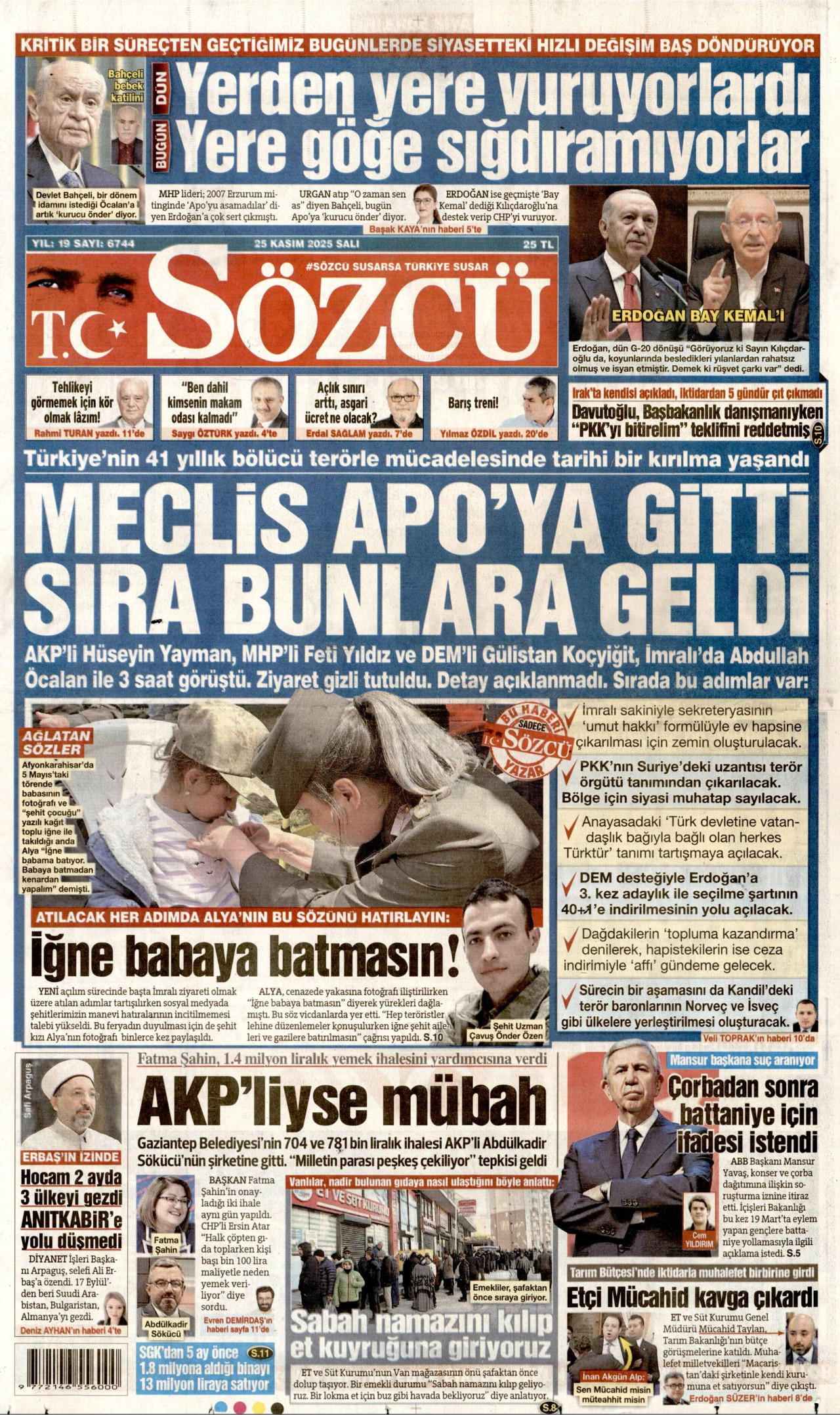 SÖZCÜ gazetesinin 25 Kasım 2025 tarihli birinci sayfası