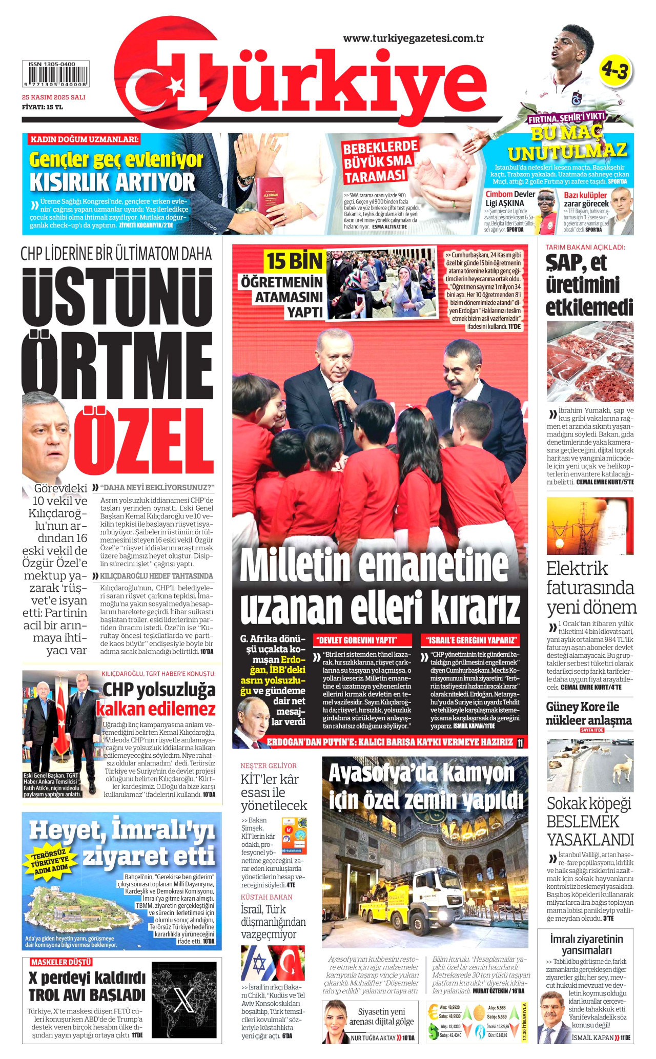 TÜRKİYE GAZETESİ gazetesinin 25 Kasım 2025 tarihli birinci sayfası