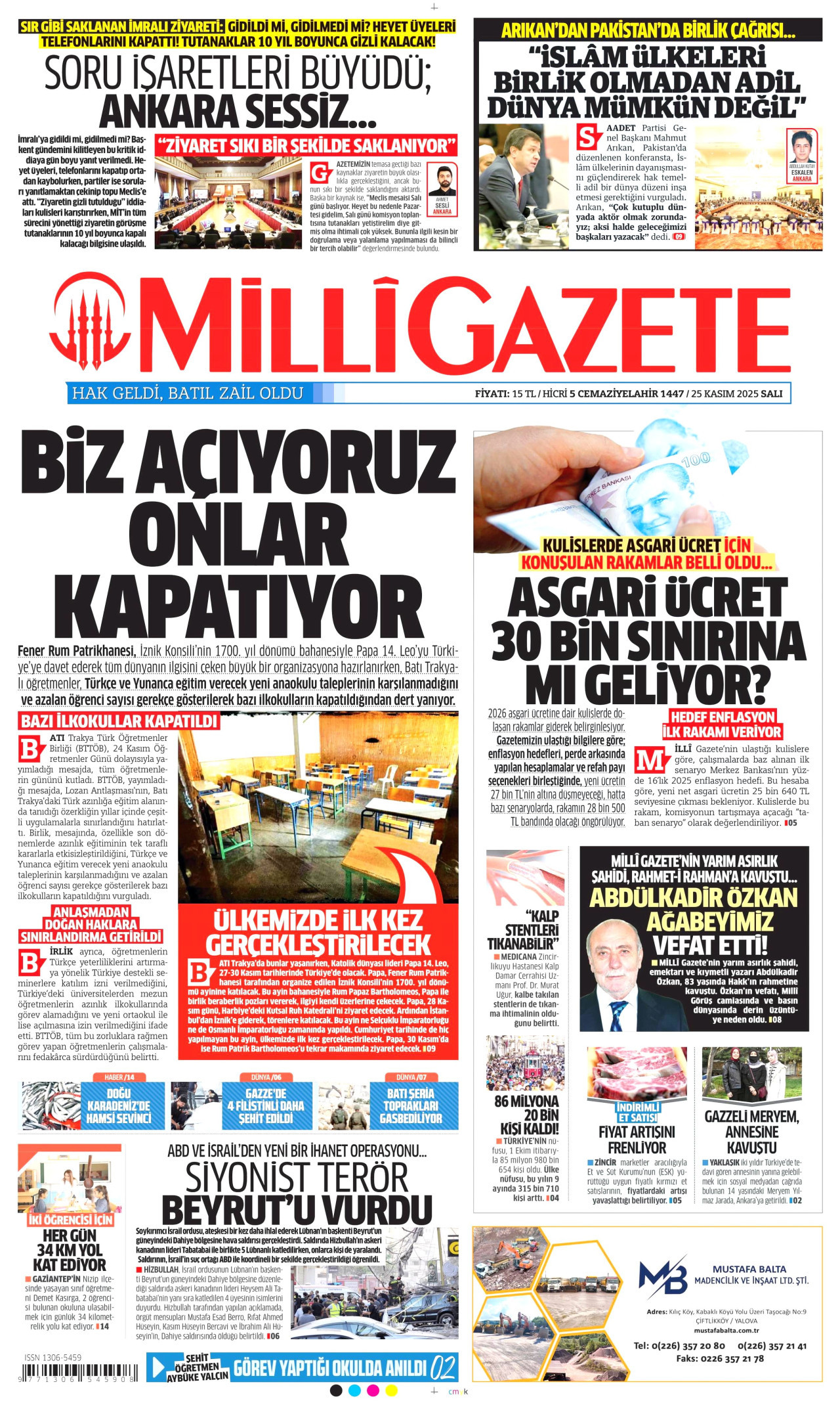 MİLLİ GAZETE gazetesinin 25 Kasım 2025 tarihli birinci sayfası