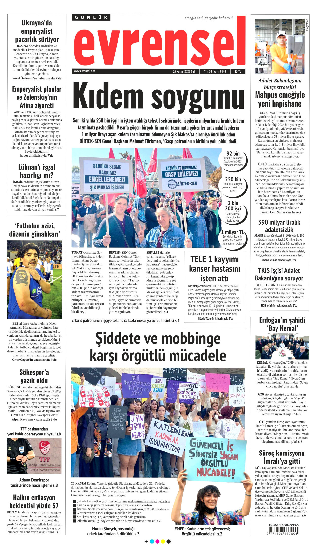 EVRENSEL gazetesinin 25 Kasım 2025 tarihli birinci sayfası