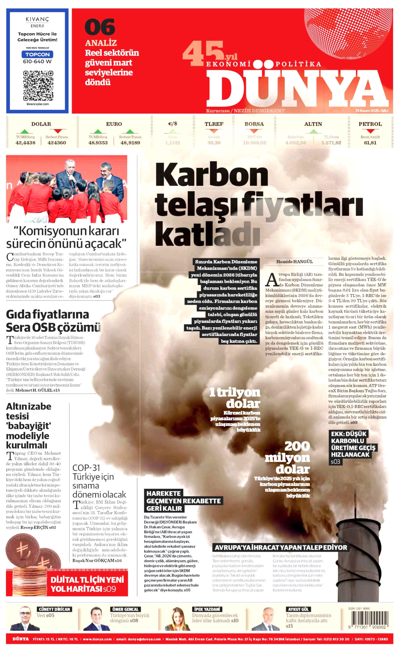 DÜNYA gazetesinin 25 Kasım 2025 tarihli birinci sayfası