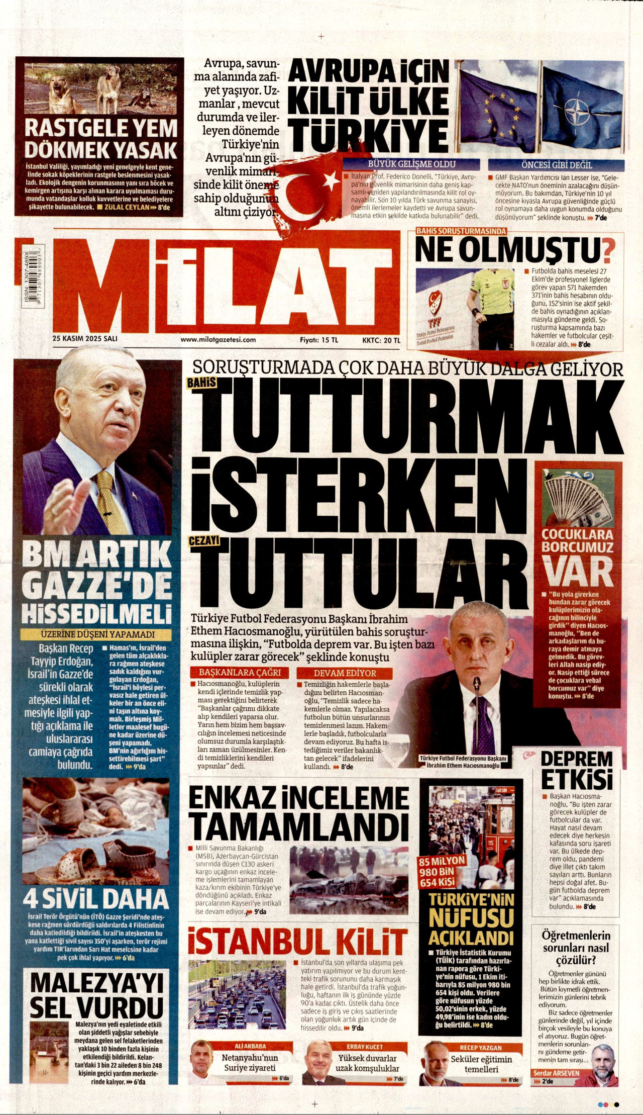 MİLAT gazetesinin 25 Kasım 2025 tarihli birinci sayfası