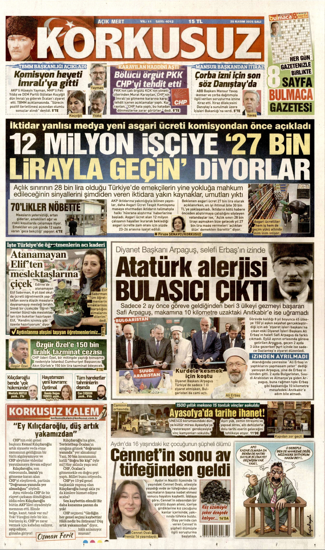 KORKUSUZ gazetesinin 25 Kasım 2025 tarihli birinci sayfası