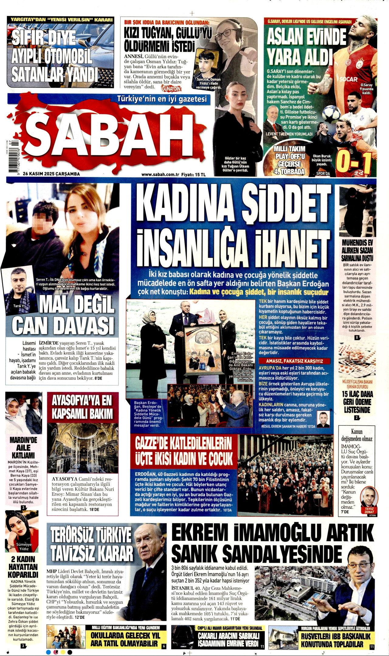 SABAH gazetesinin 26 Kasım 2025 tarihli birinci sayfası