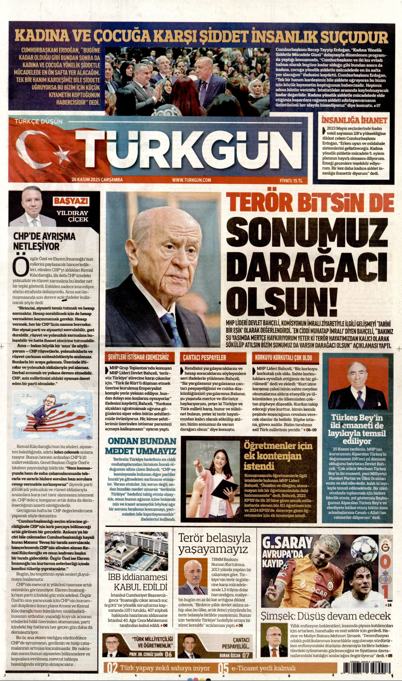TÜRKGÜN gazetesinin 26 Kasım 2025 tarihli birinci sayfası