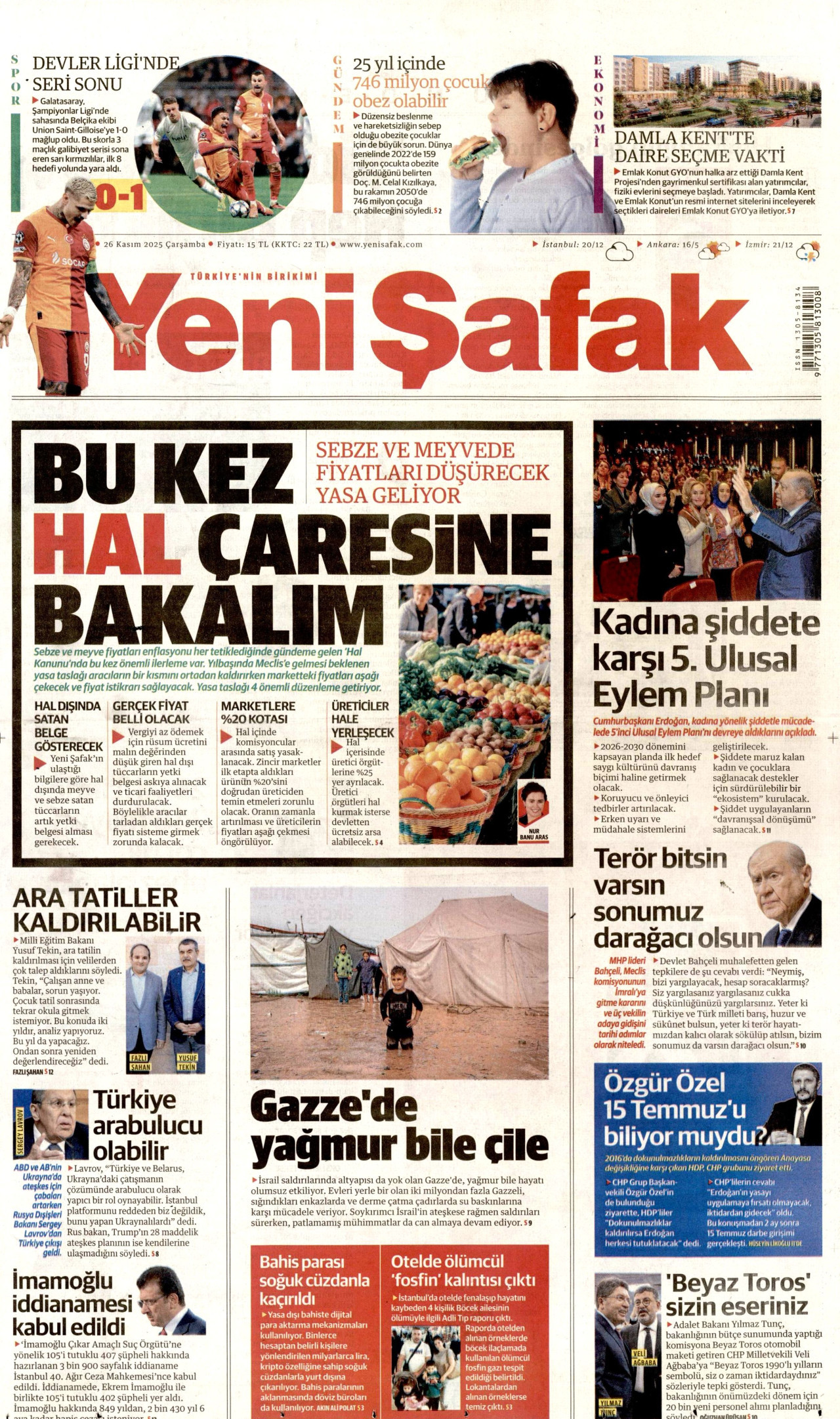 YENİ ŞAFAK gazetesinin 26 Kasım 2025 tarihli birinci sayfası