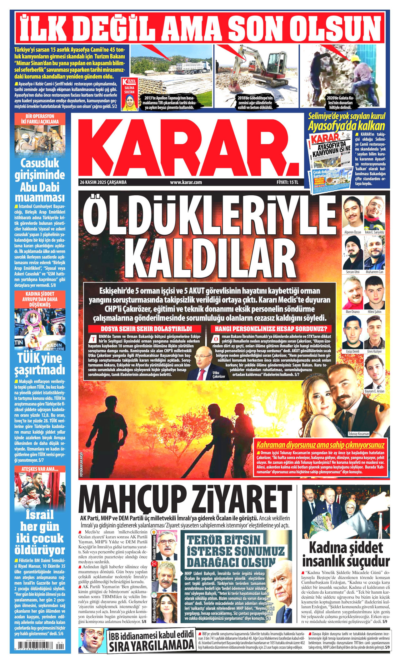 KARAR gazetesinin 26 Kasım 2025 tarihli birinci sayfası