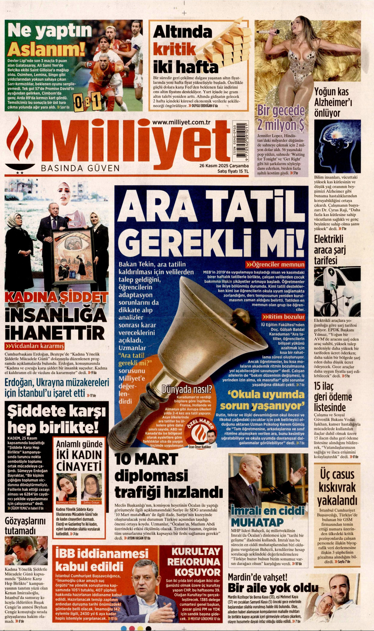 MİLLİYET gazetesinin 26 Kasım 2025 tarihli birinci sayfası