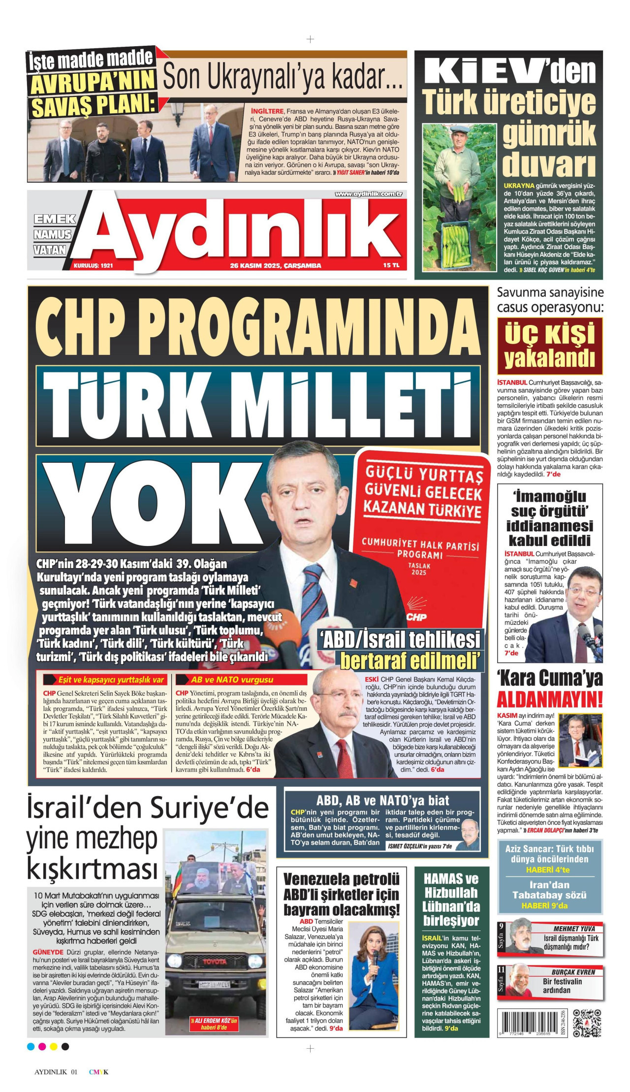 AYDINLIK GAZETESİ gazetesinin 26 Kasım 2025 tarihli birinci sayfası